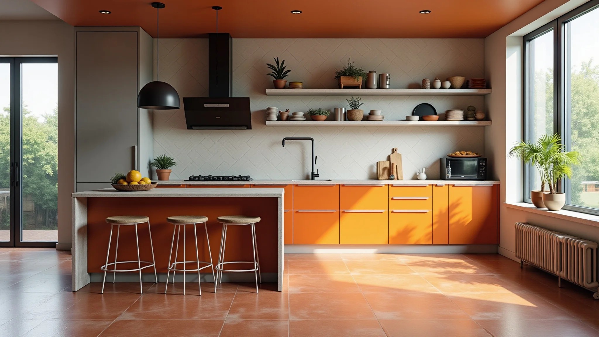 Cozinha estilosa com piso de concreto polimérico colorido e cerâmica brasileira.
