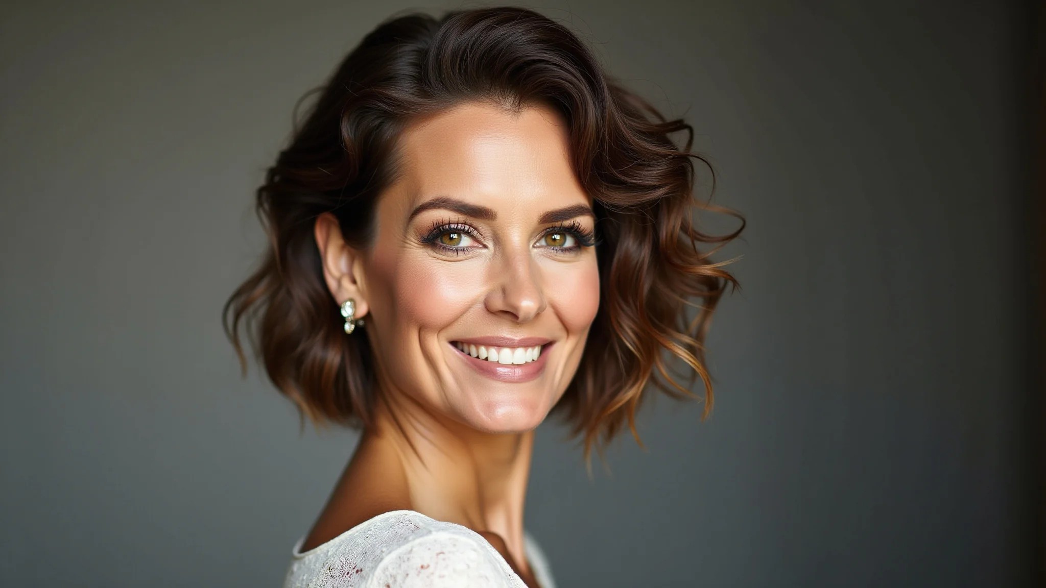 Mulher elegante com corte short bob assimétrico para cabelos ondulados, moda brasileira.