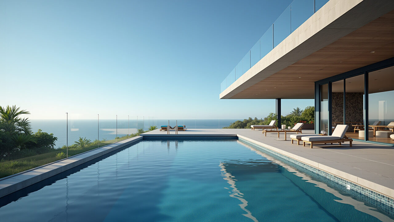 Piscina suspensa em balanço em uma casa moderna com vista panorâmica.