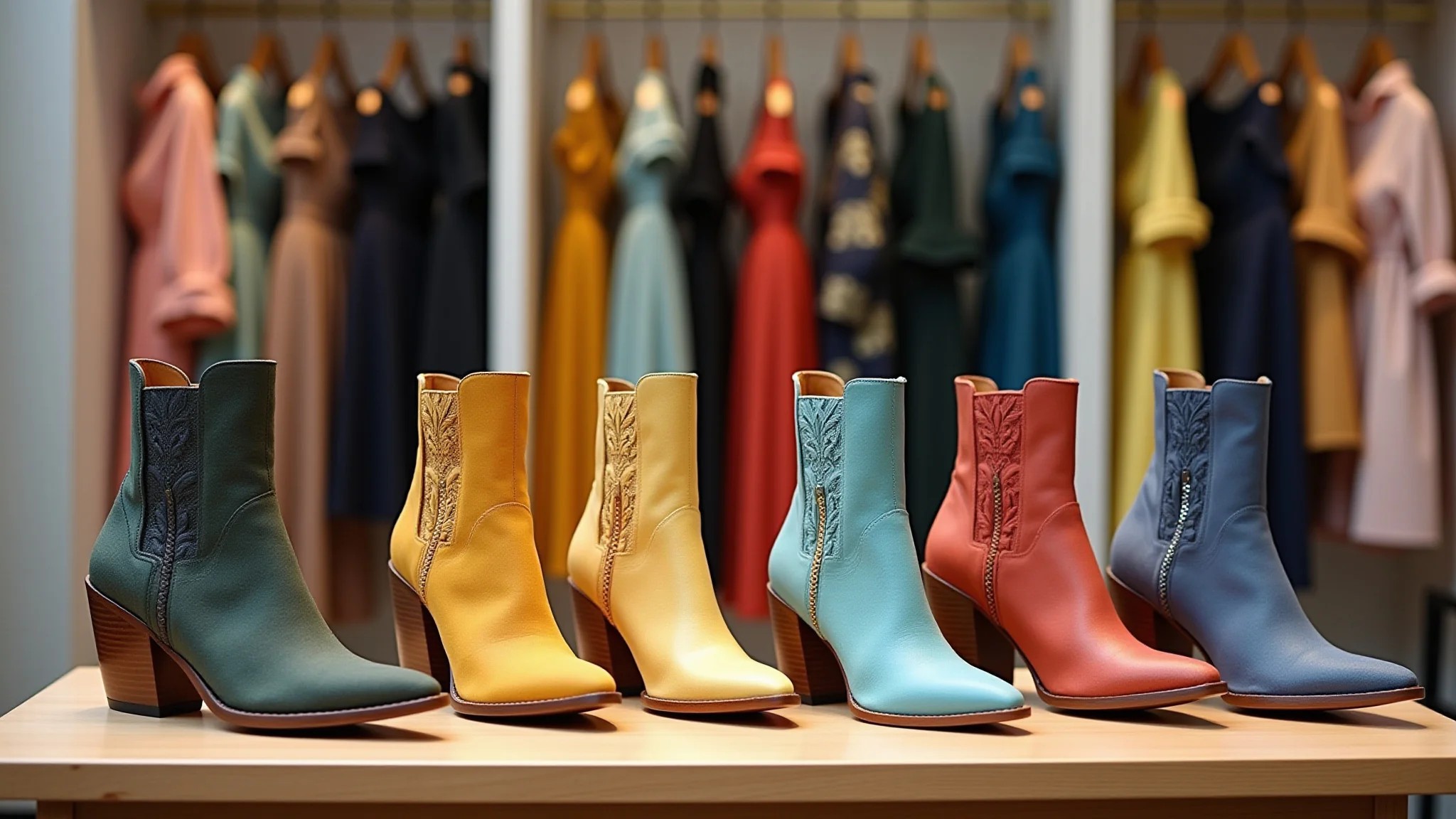 Mesa mostrando combinações de botas de cano curto e vestidos, design brasileiro e cores vibrantes.
