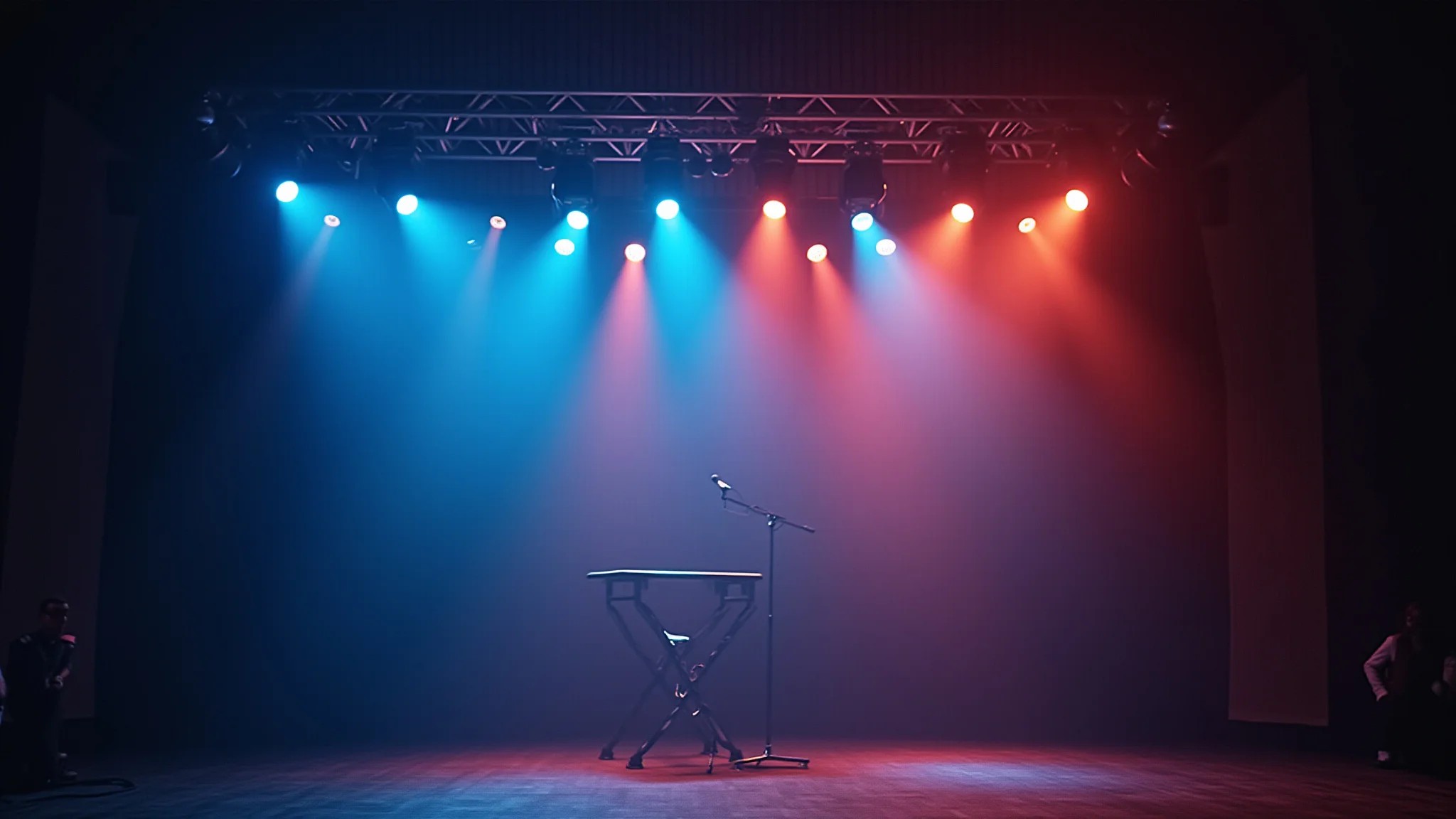 Palco de teatro com efeitos de iluminação coloridos, criando uma atmosfera vibrante.