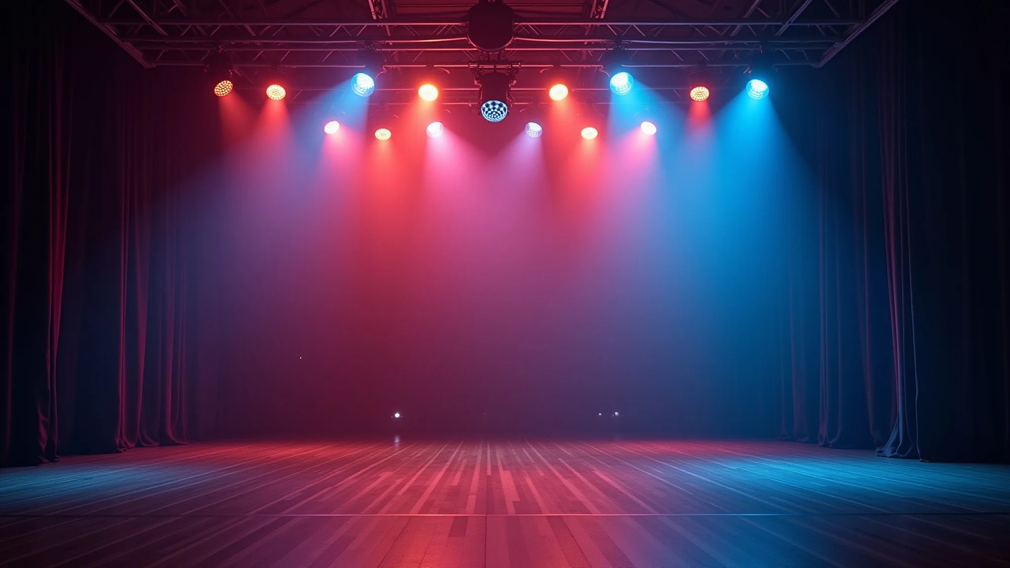 Palco de teatro com equipamentos de iluminação modernos, criando atmosfera mágica.