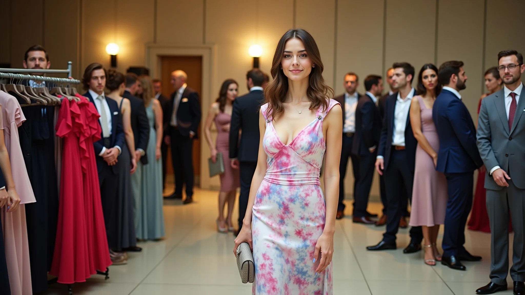 Vestido tie-dye elegante combinado com salto alto e clutch para um evento.