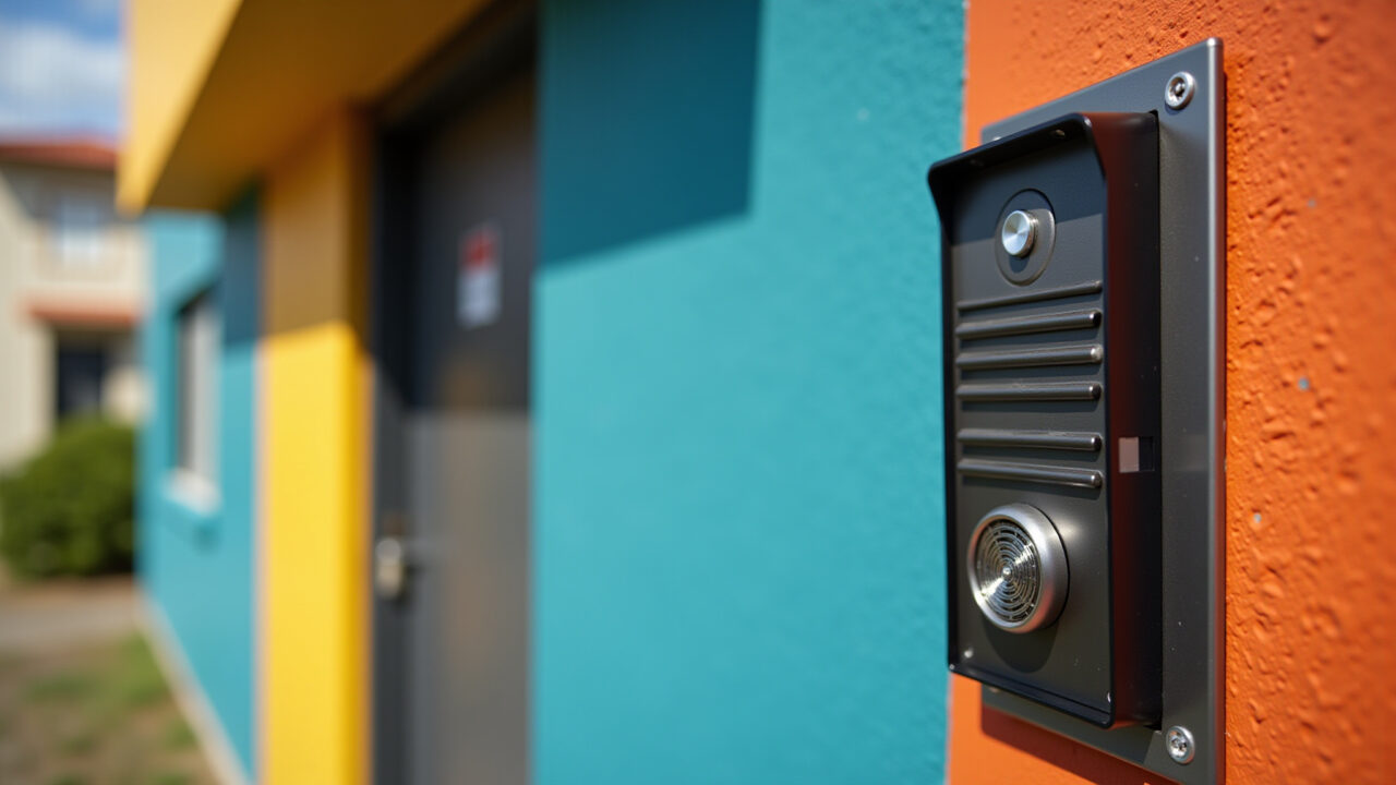 Porteiro eletrônico tradicional em prédio de apartamentos brasileiro.