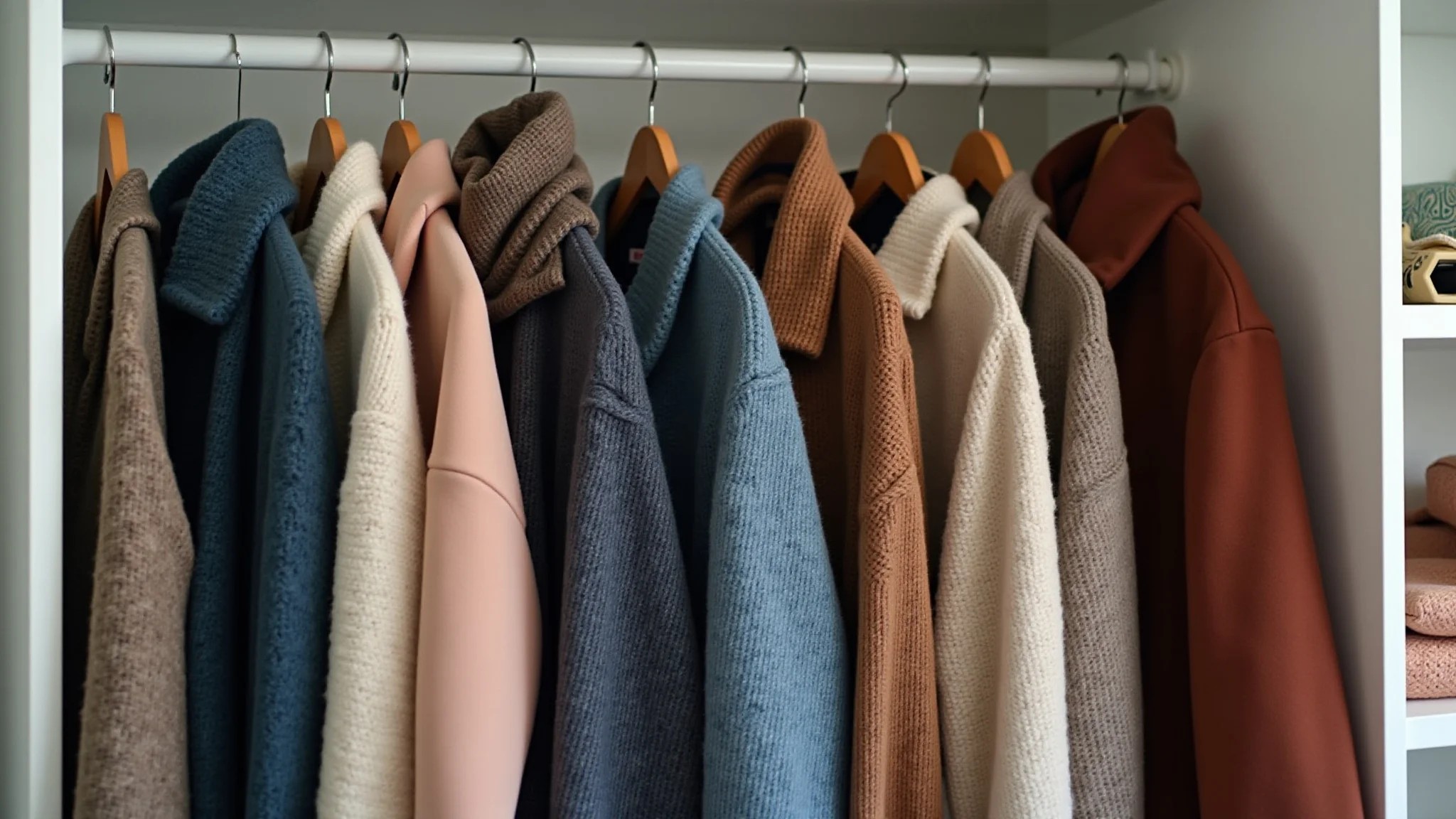 Roupas de inverno femininas organizadas em um closet iluminado.