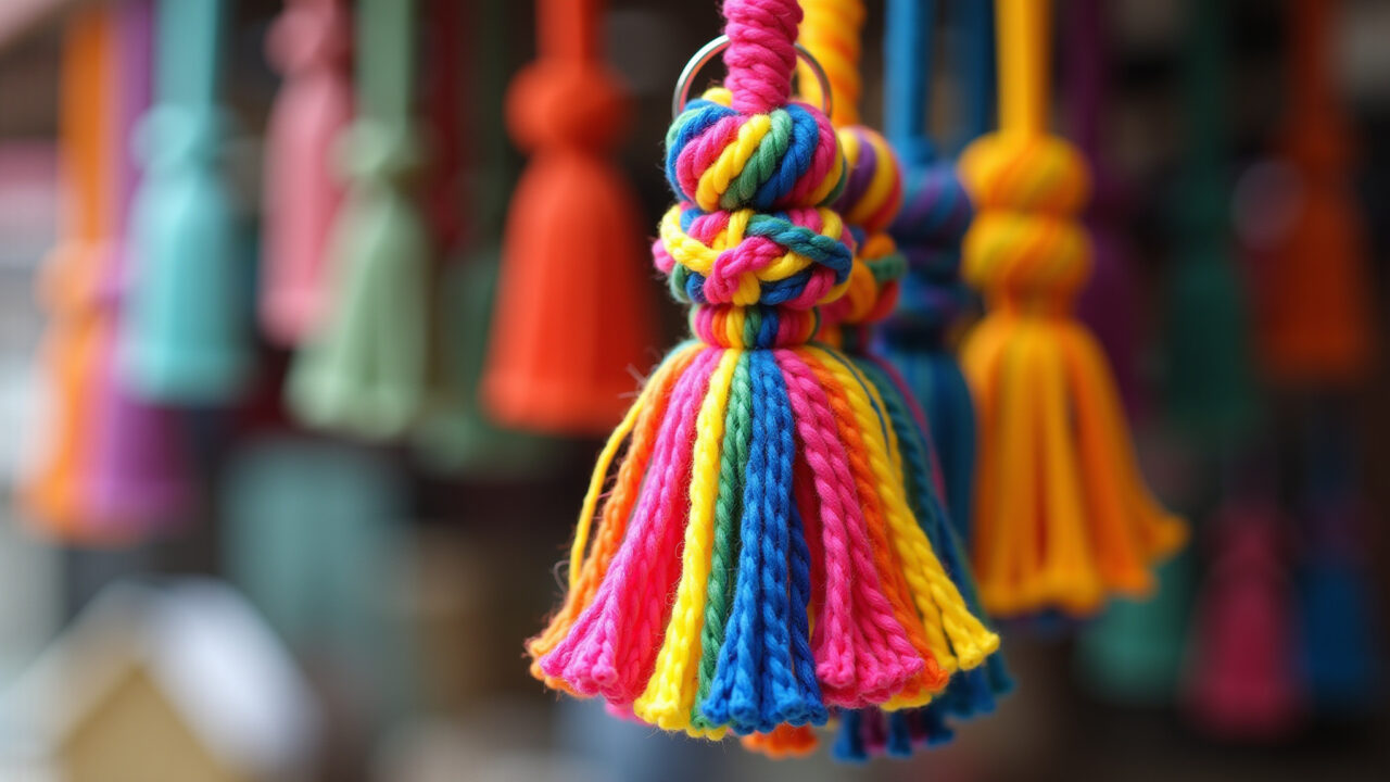 Chaveiro de macramê vibrante e colorido com cores do arco-íris.