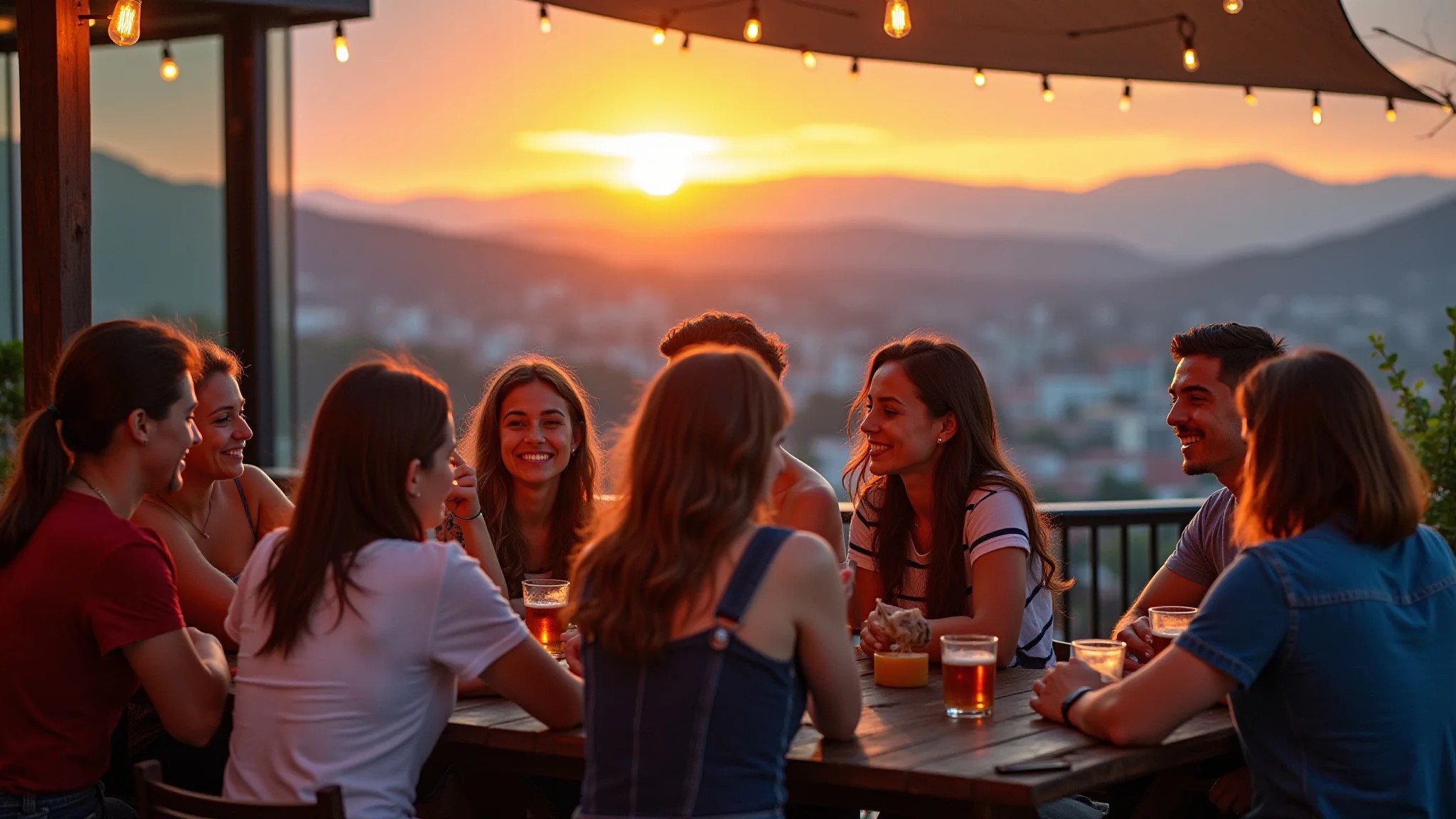 Amigas apreciando drinks em rooftop bar com vista para os Andes em Santiago.