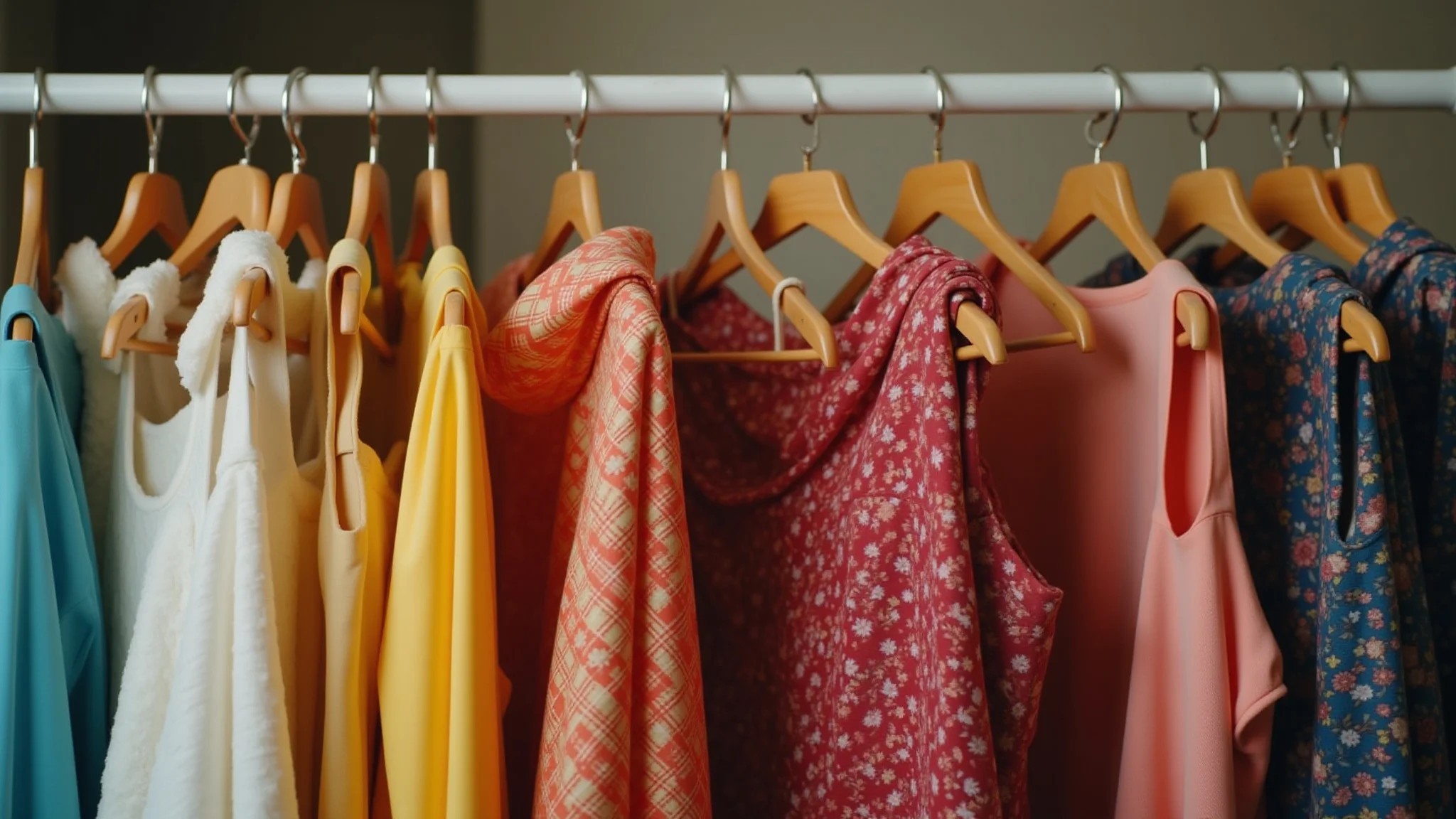 Arara de roupas vintage com vestidos dos anos 70, 80 e 90 em brechó.