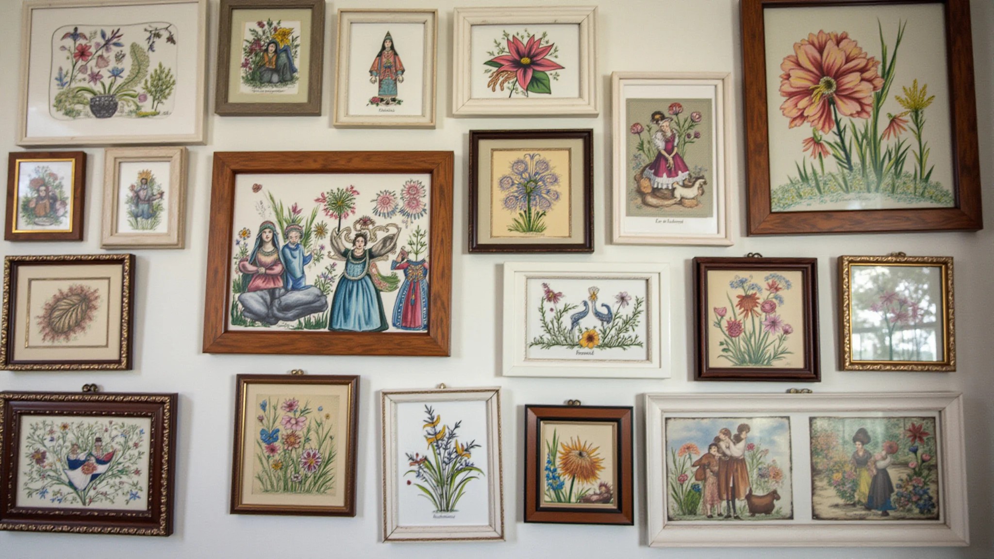 Parede decorada com galeria de quadros artesanais diversos: aquarela, colagem, bordado.