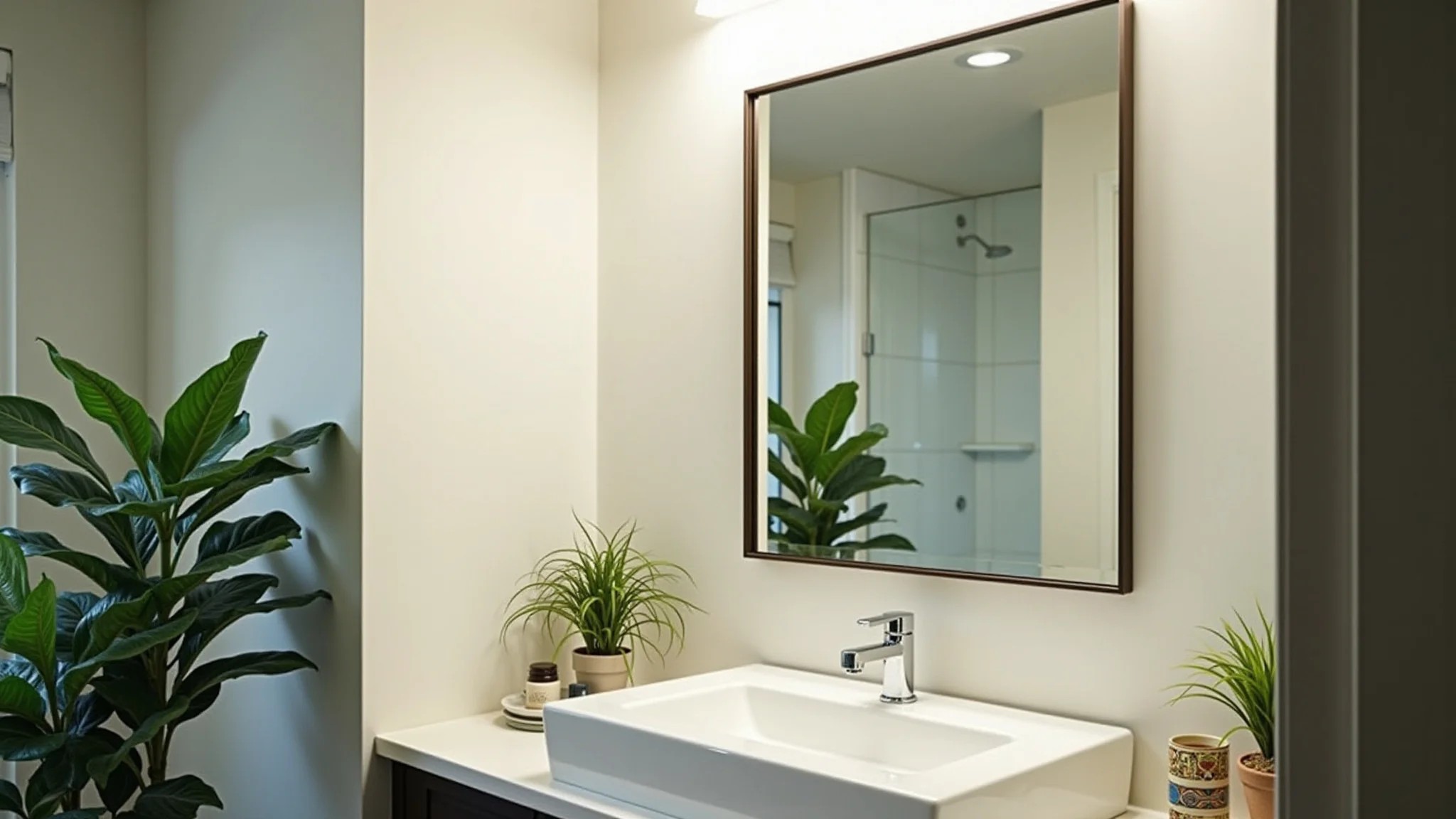 Banheiro bem iluminado com espelho grande, plantas e design minimalista.
