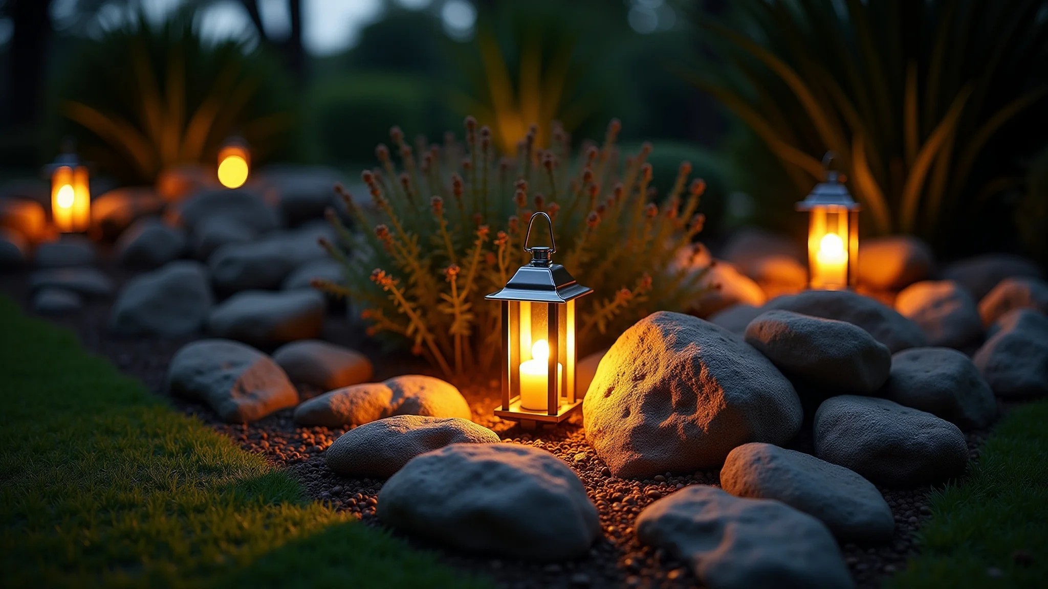 Jardim de pedras iluminado com spots e lanternas, criando um ambiente acolhedor.