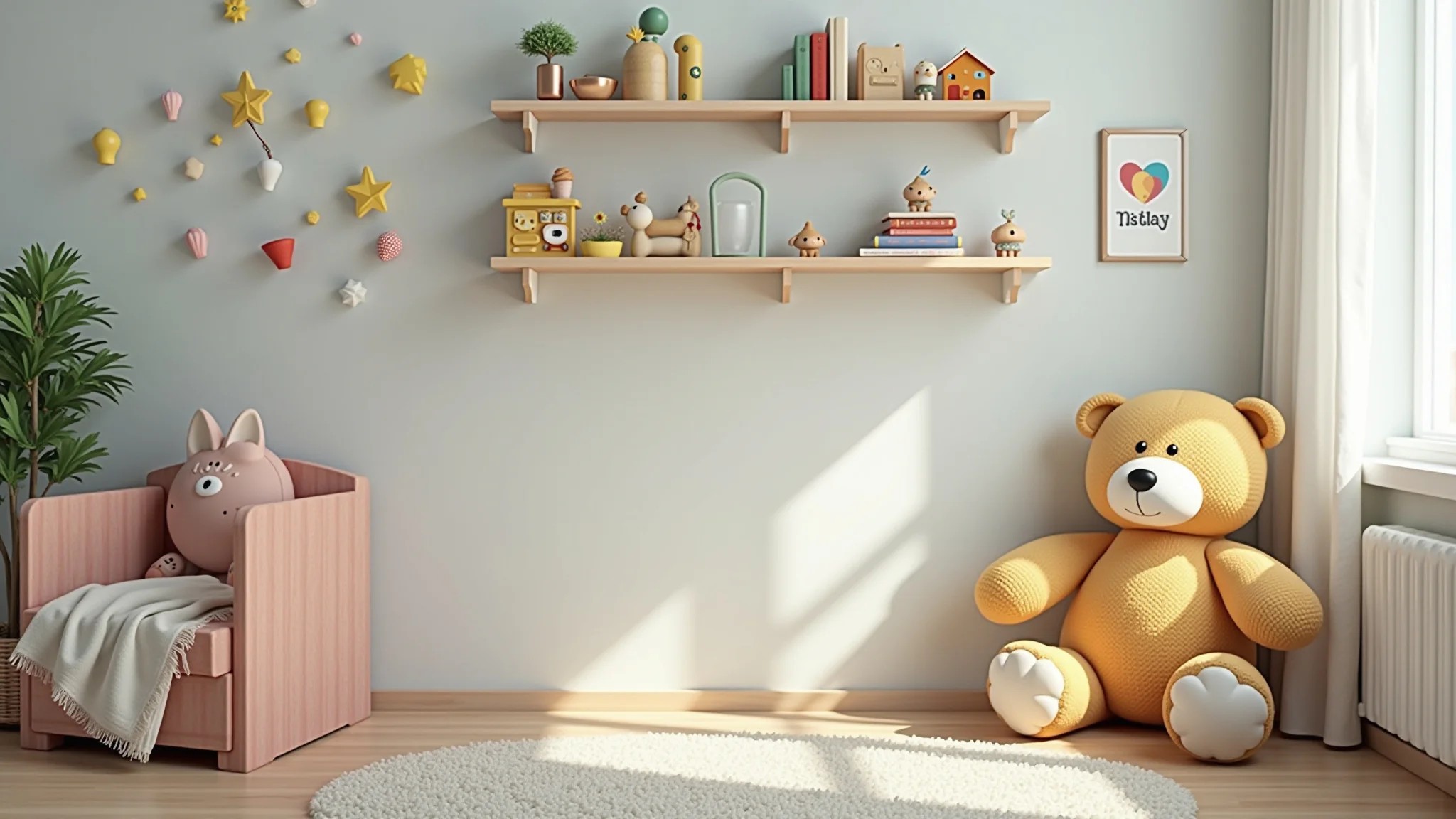 Quarto de bebê bem organizado com prateleiras exibindo brinquedos, livros e decorações.