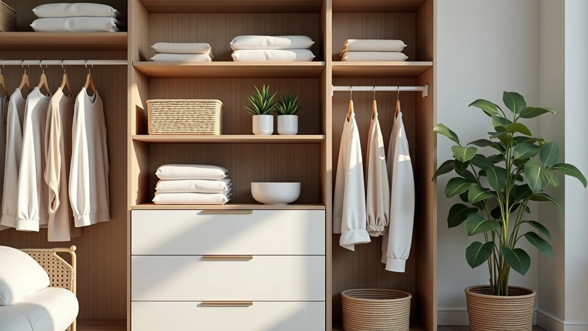 Closet bem organizado com peças básicas de qualidade e materiais naturais.