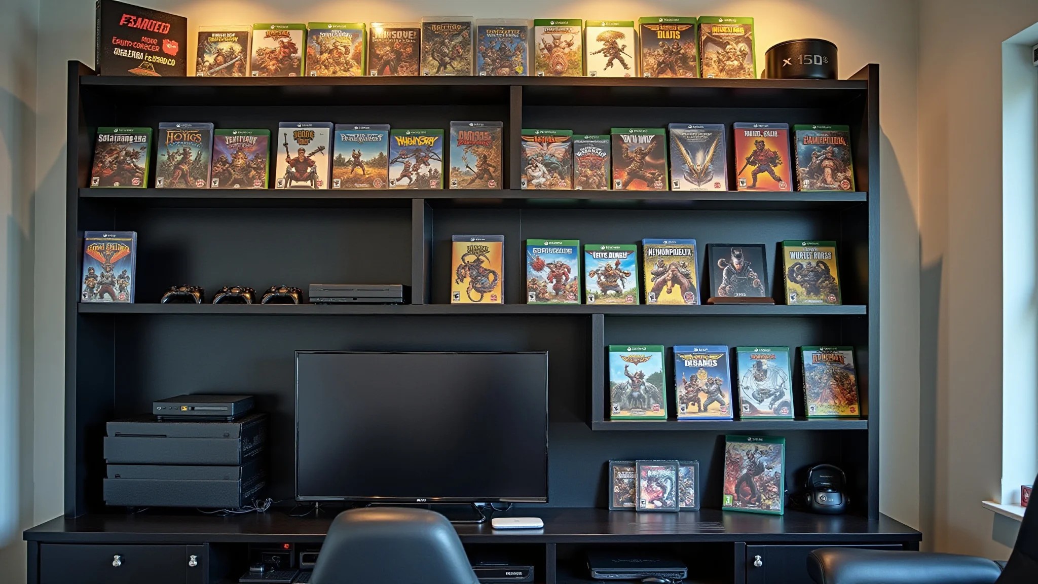 Sala de jogos organizada com prateleiras exibindo jogos, consoles e acessórios.