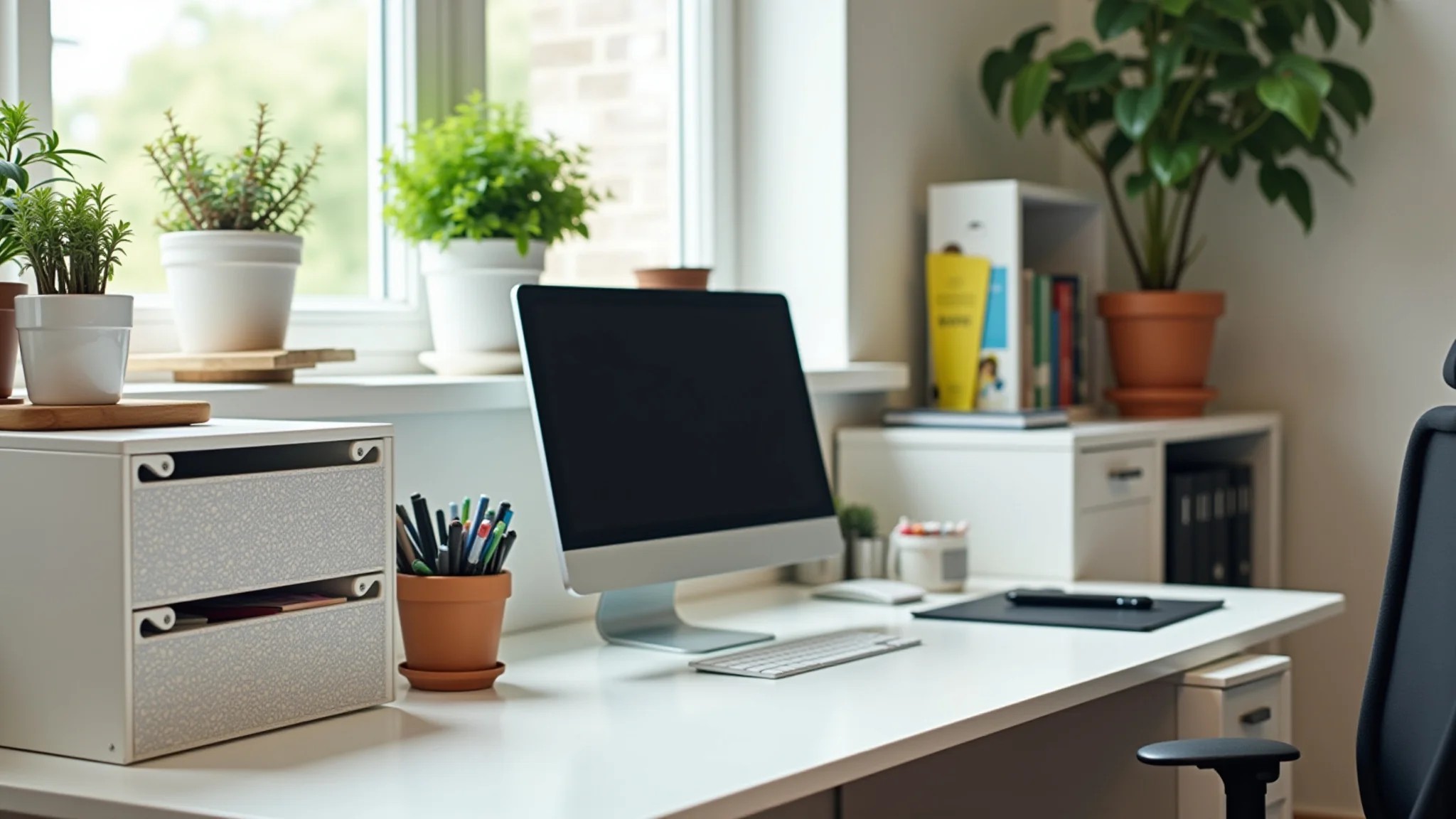 Home office bem organizado com acessórios de mesa, plantas e decoração personalizada com iluminação.