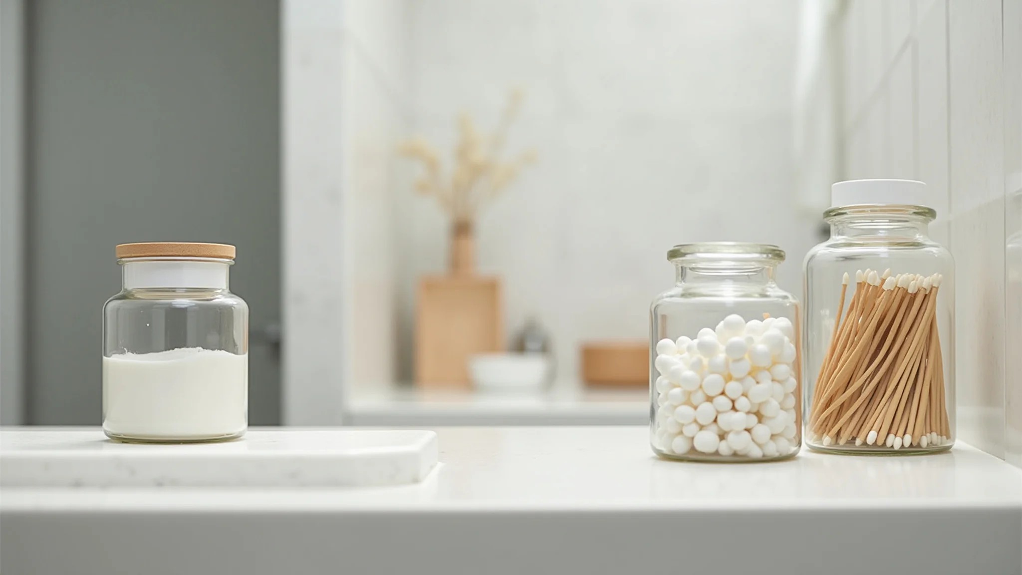 Banheiro minimalista organizado com potes de vidro para itens essenciais.