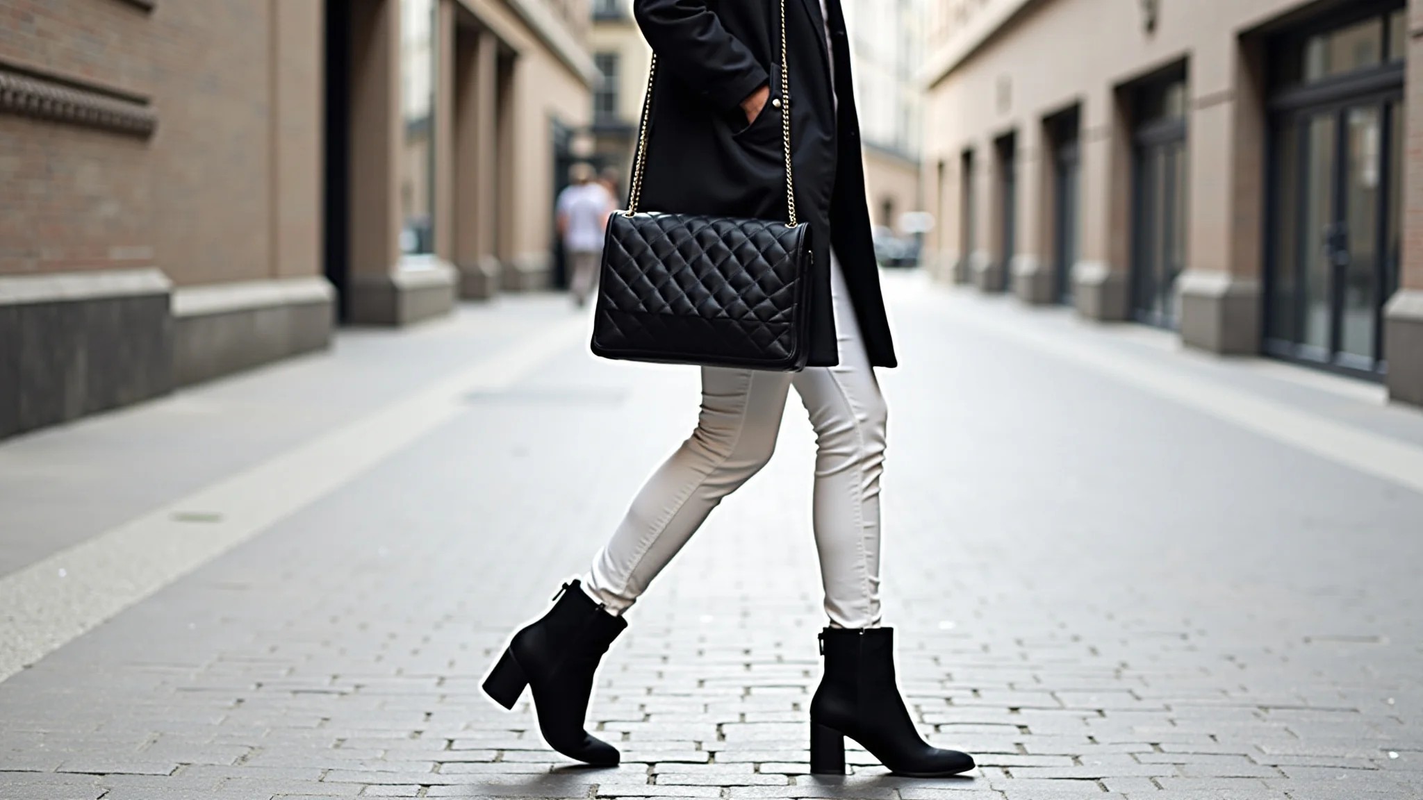 Look de inverno com calça branca, casaco escuro e botas. Confortável e estiloso.
