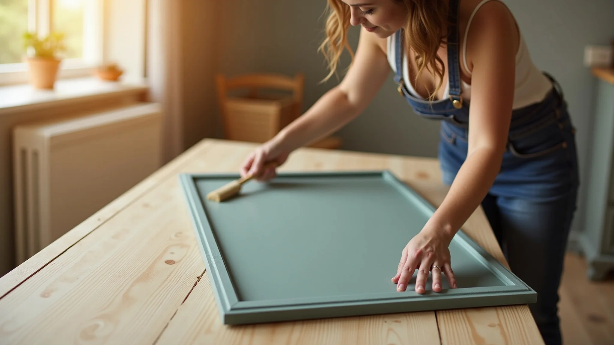 Mulher aplicando tinta chalk paint em uma moldura de MDF, estilo vintage.
