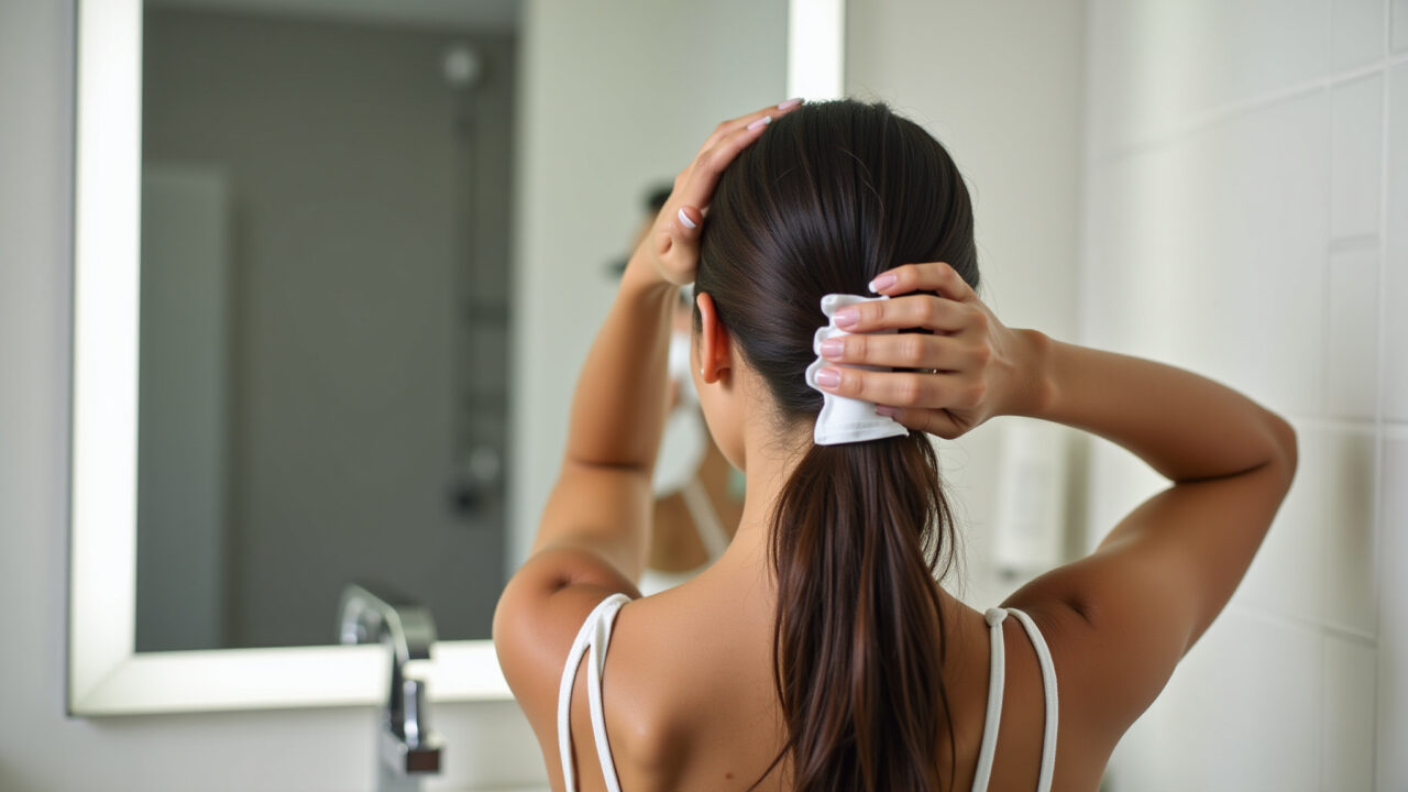 Mulher aplicando condicionador leve nas pontas do cabelo no banheiro.