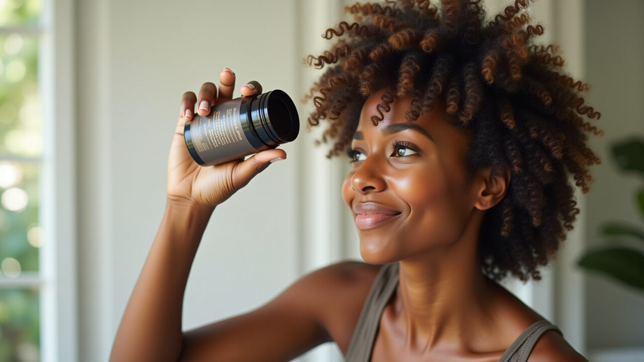 Mulher aplicando pó texturizador na raiz do cabelo para volume instantâneo.