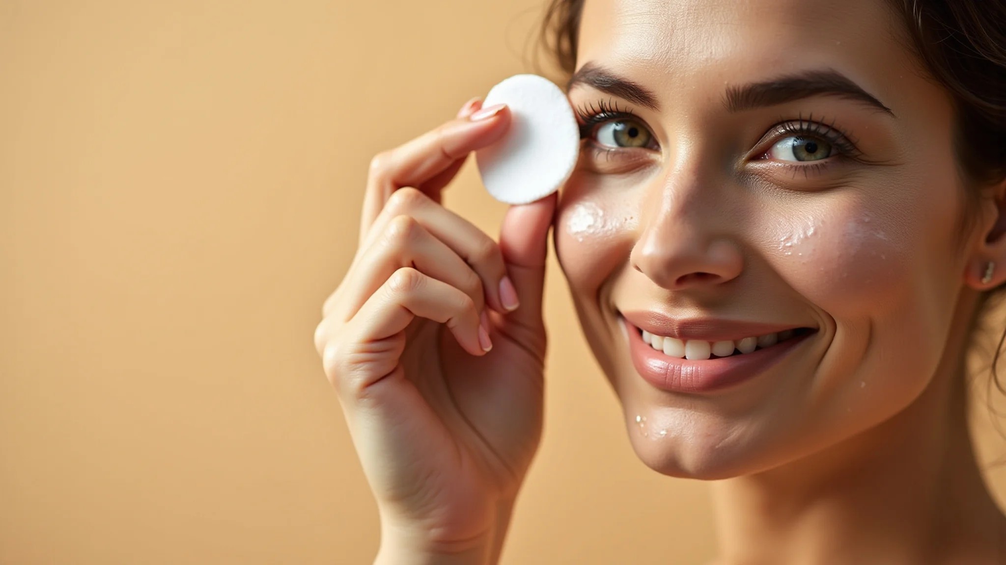 Mulher aplicando tônico facial com algodão para equilibrar o pH da pele.