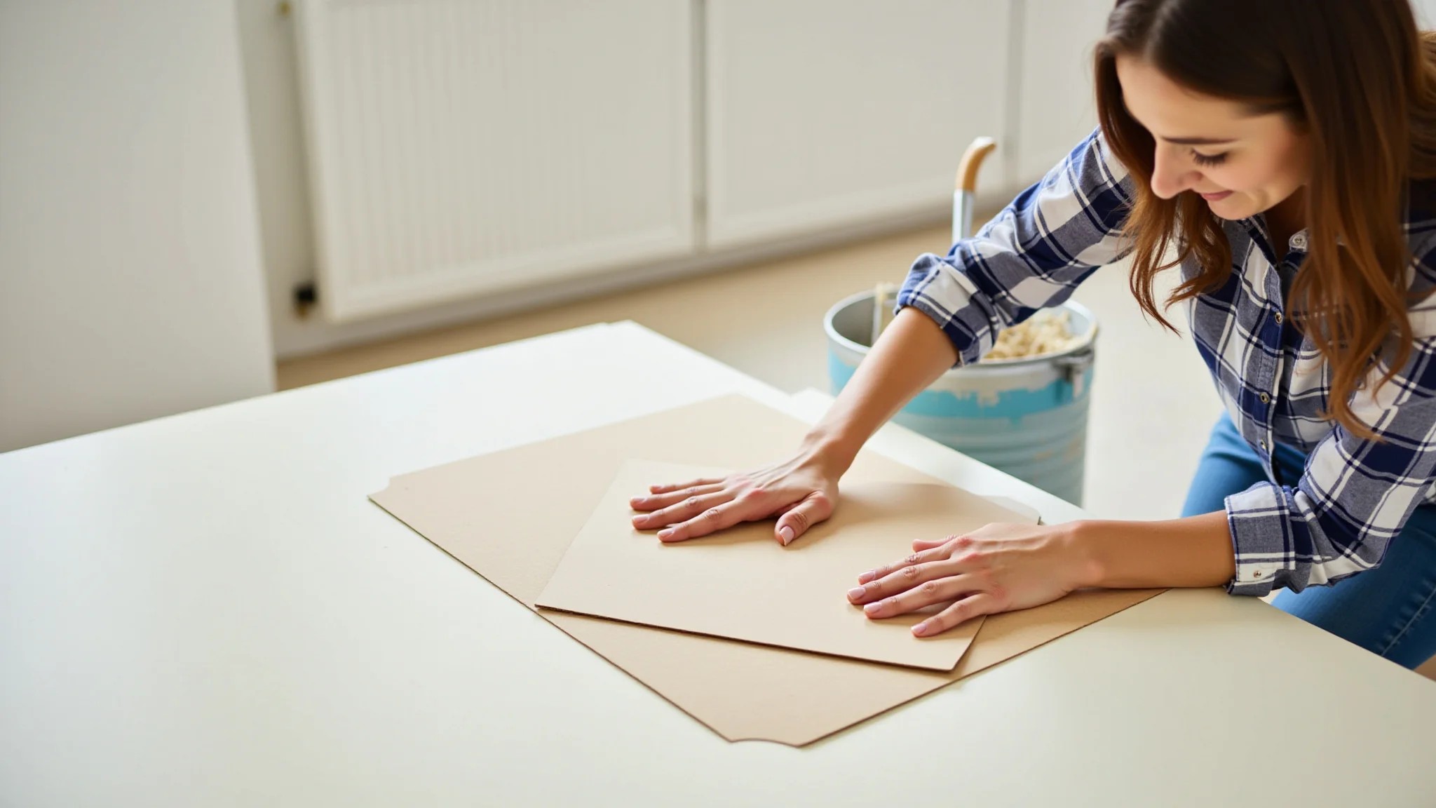 Mulher aplicando verniz em superfície de MDF pintada para proteger o acabamento.