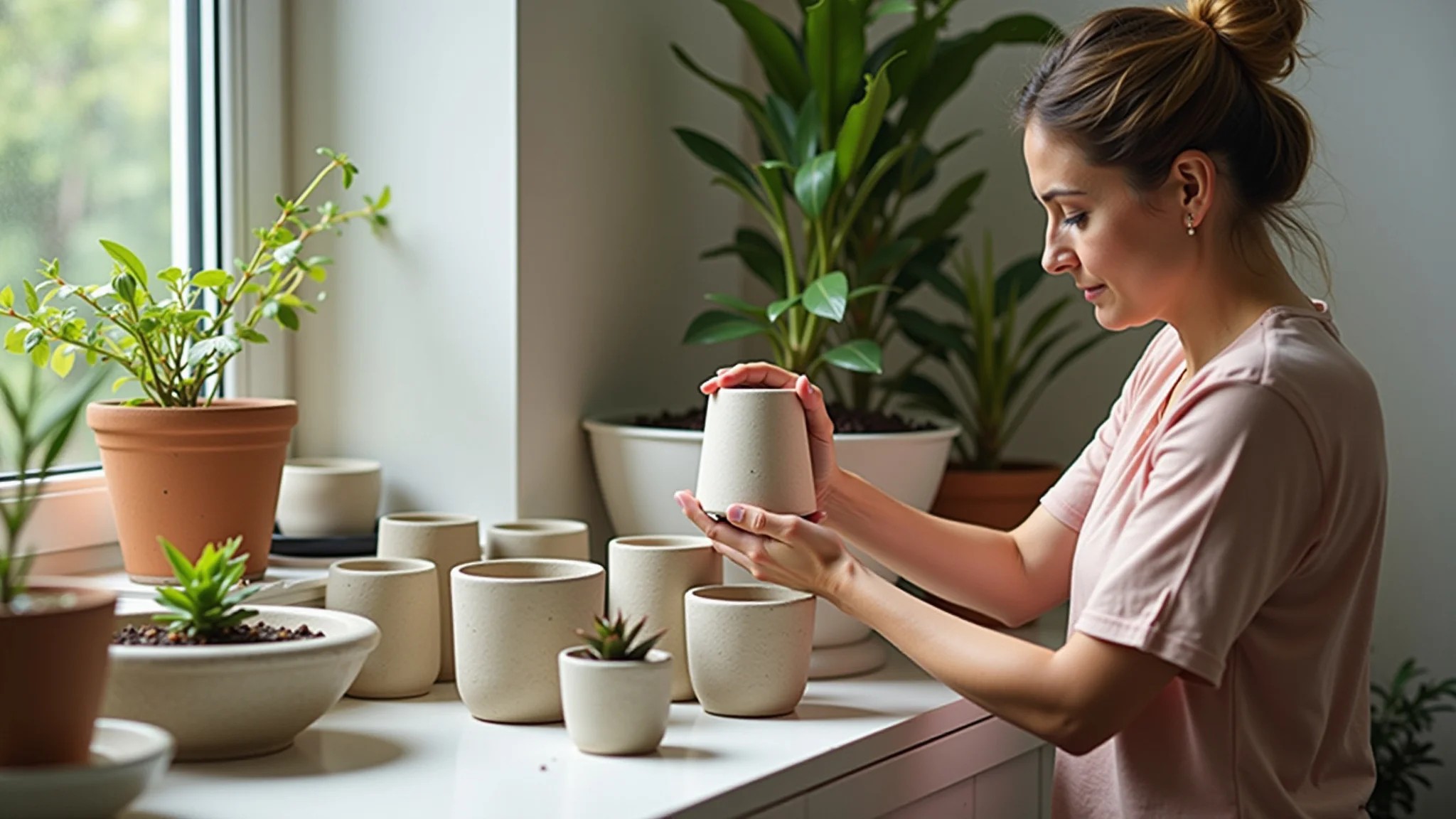 Mulher arrumando vasos de cimento DIY em prateleira, decoração brasileira.
