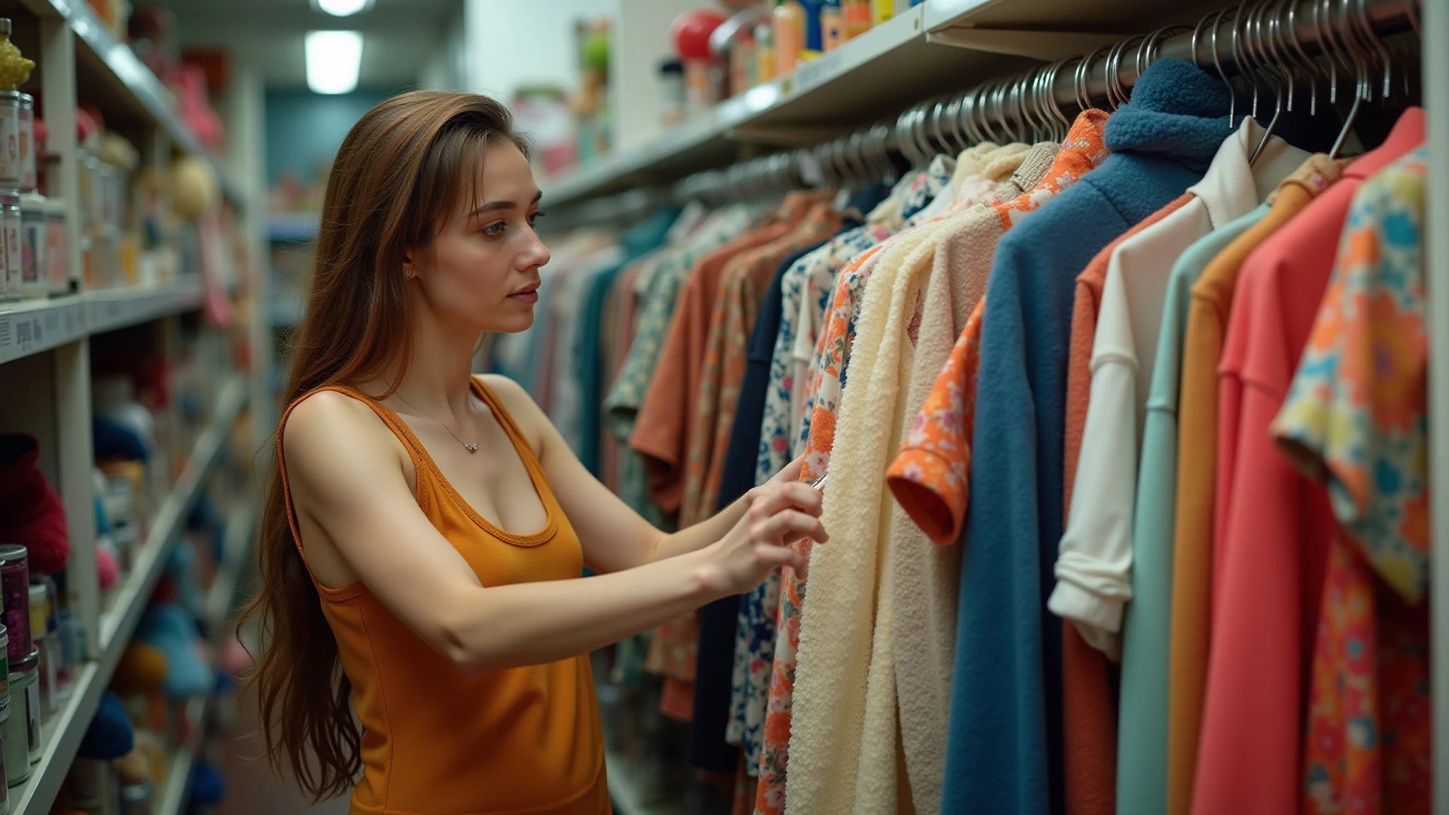 Mulher procurando roupas vintage em brechó brasileiro vibrante.