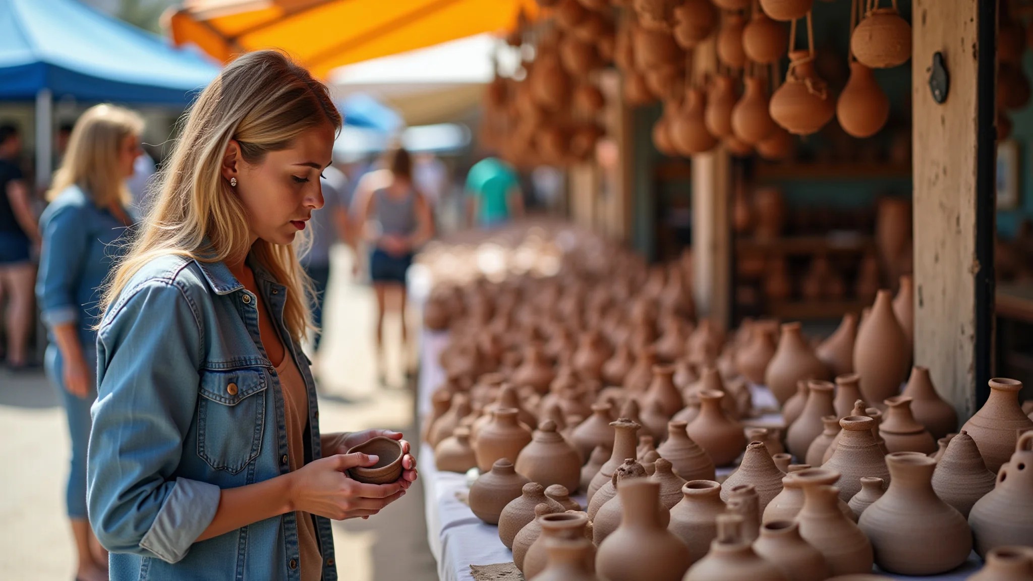 Mulher admirando cerâmica artesanal em feira de artesanato em Maceió.