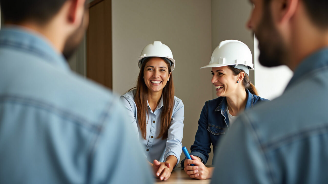 Mulher se comunicando com trabalhadores da construção civil durante a reforma.