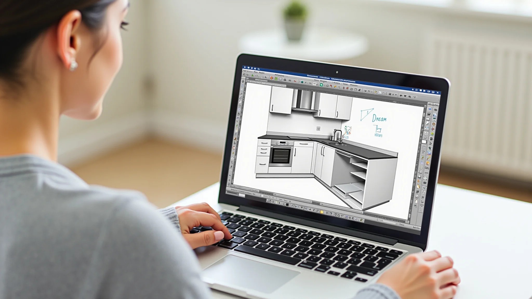 Mulher projetando cozinha dos sonhos com software 3D gratuito, laptop na bancada.