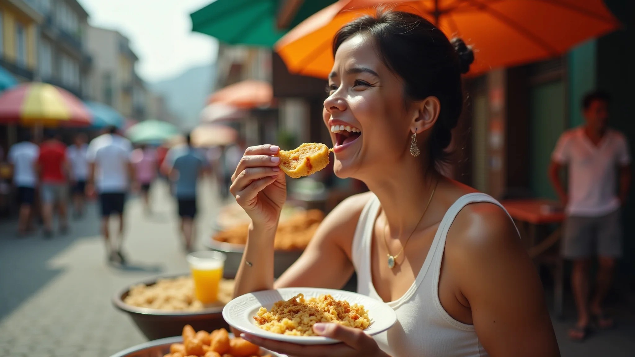 Mulher saboreando comida de rua colombiana, arepas, cores vibrantes.