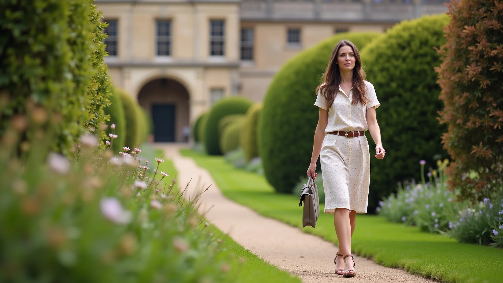 Mulher explorando os jardins exuberantes de Chatsworth House, com luz natural e paisagem campestre.