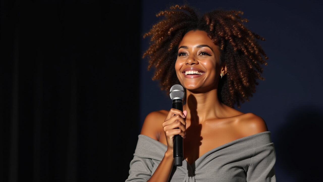 Mulher confiante em show de stand-up com roupa confortável e estilosa.