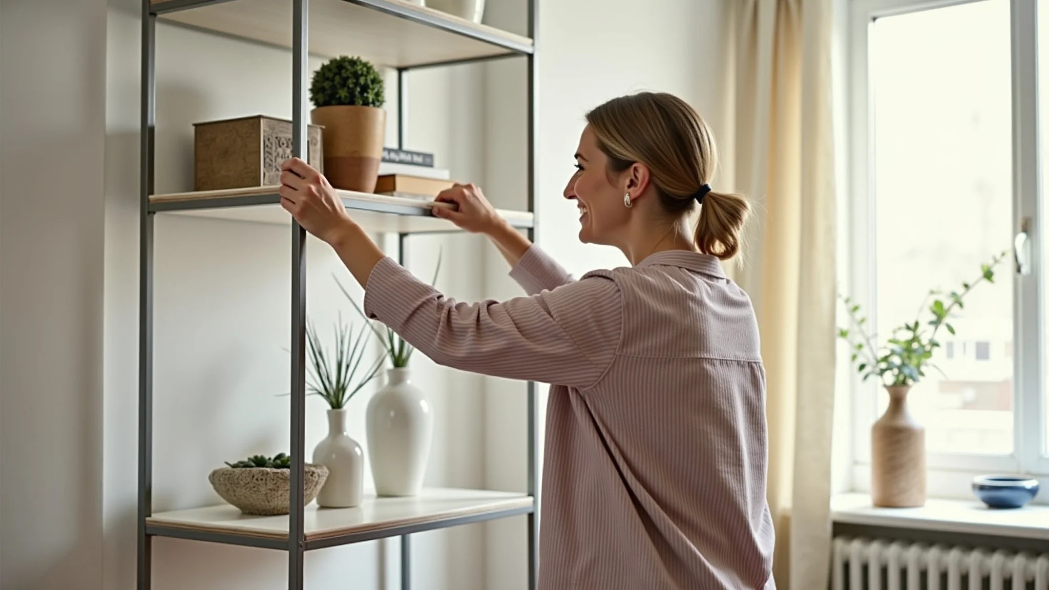Mulher montando estante modular em seu apartamento, com foco em preço acessível e flexibilidade.