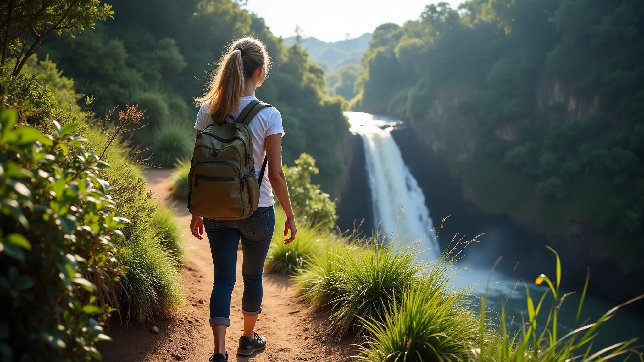 Mulher caminhando perto de cachoeira na Chapada dos Veadeiros, Goiás.
