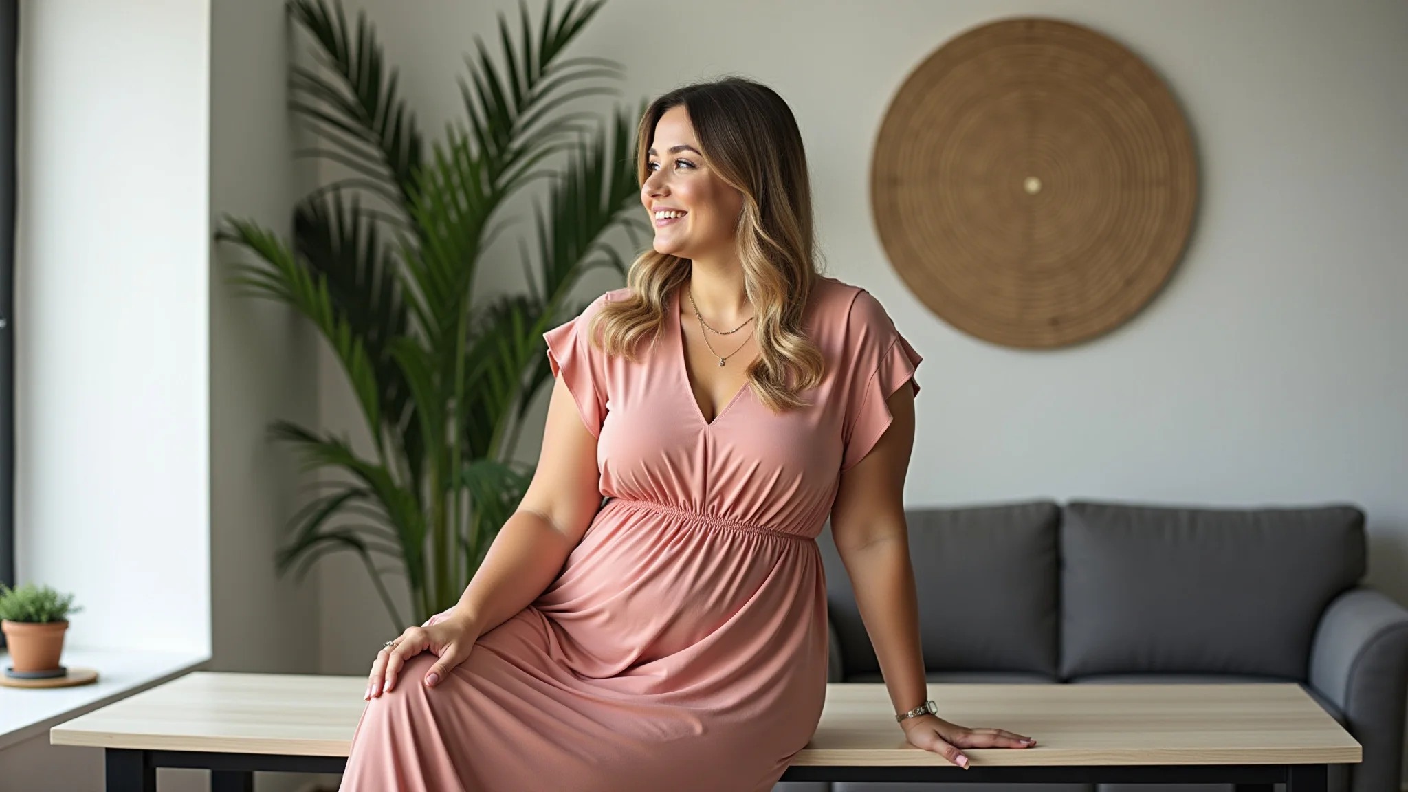 Mulher relaxada em espaço de escritório com vestido evasê confortável e decoração brasileira.