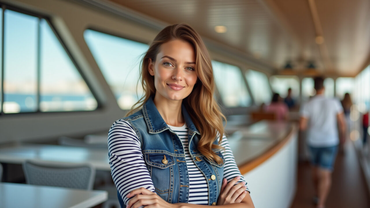 Blusa listrada e colete jeans curto em cenário náutico.