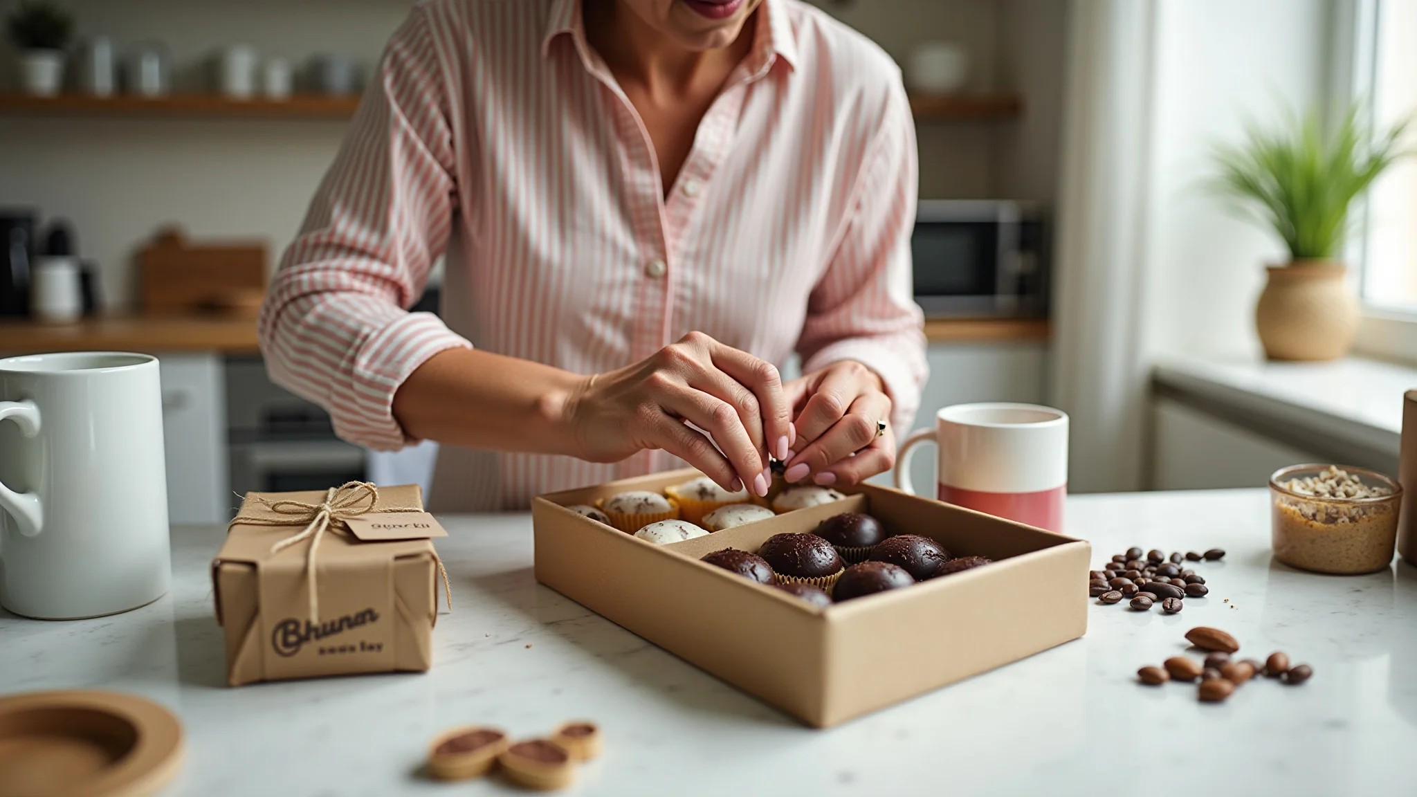 Mulher montando kit gourmet para o Dia das Mães com chocolates e café.