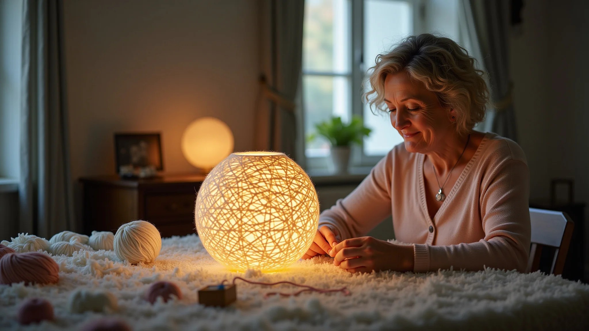 Mulher criando luminária de barbante, hobby relaxante e criativo.