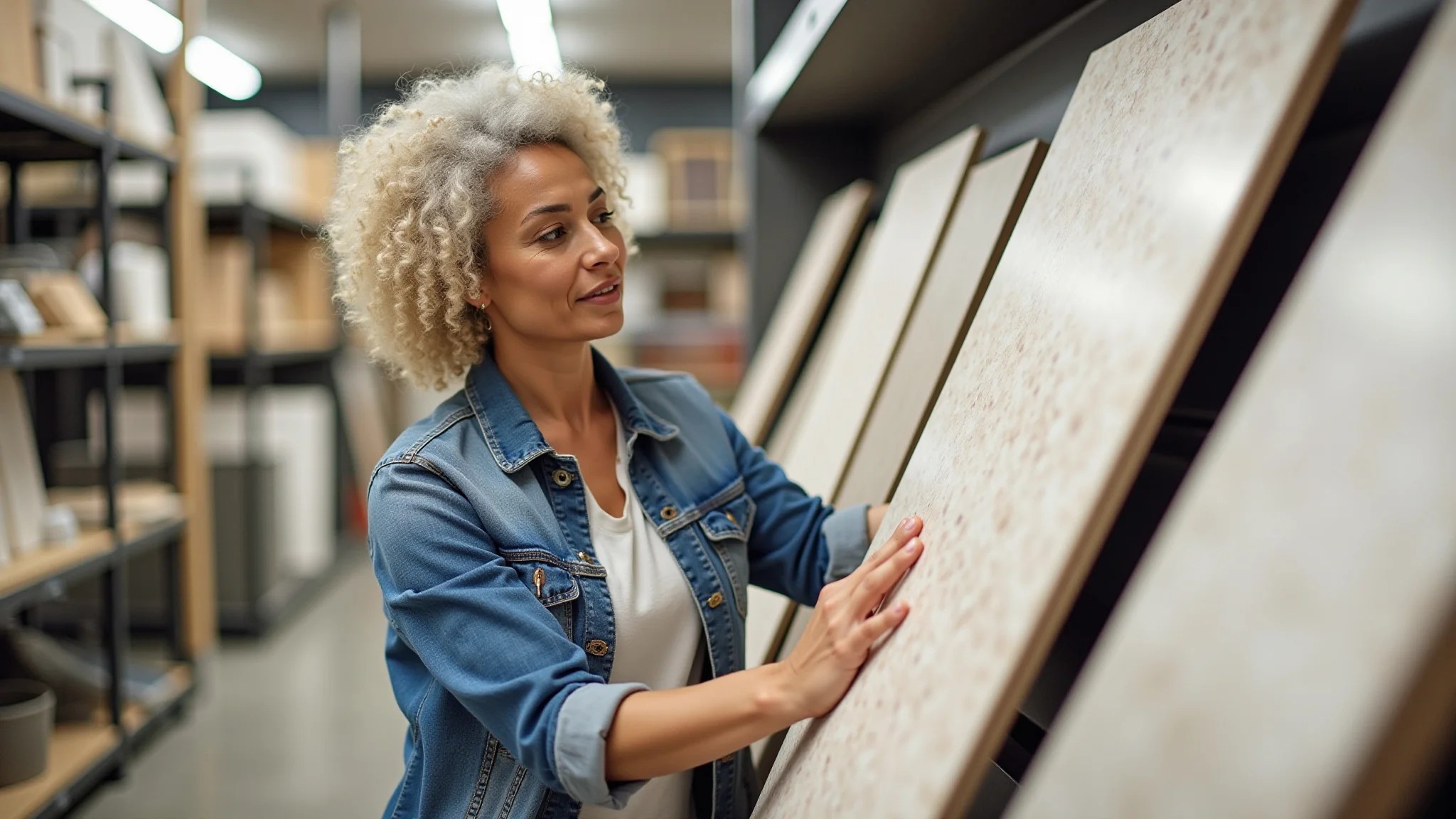 Mulher comparando amostras de azulejos em uma loja de materiais de construção.