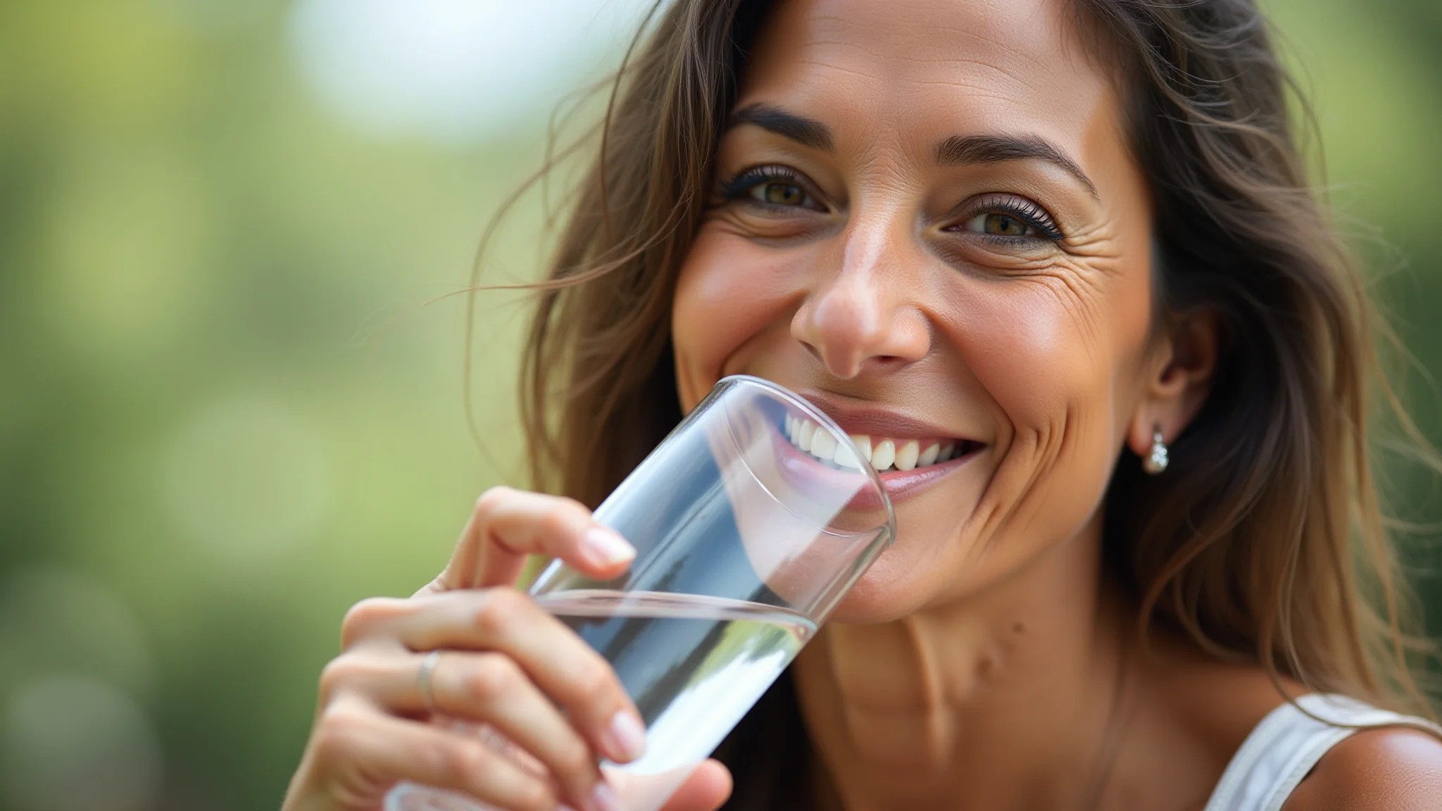 Mulher na faixa dos 40 com pele radiante, bebendo água, estilo de vida saudável, foco na hidratação.