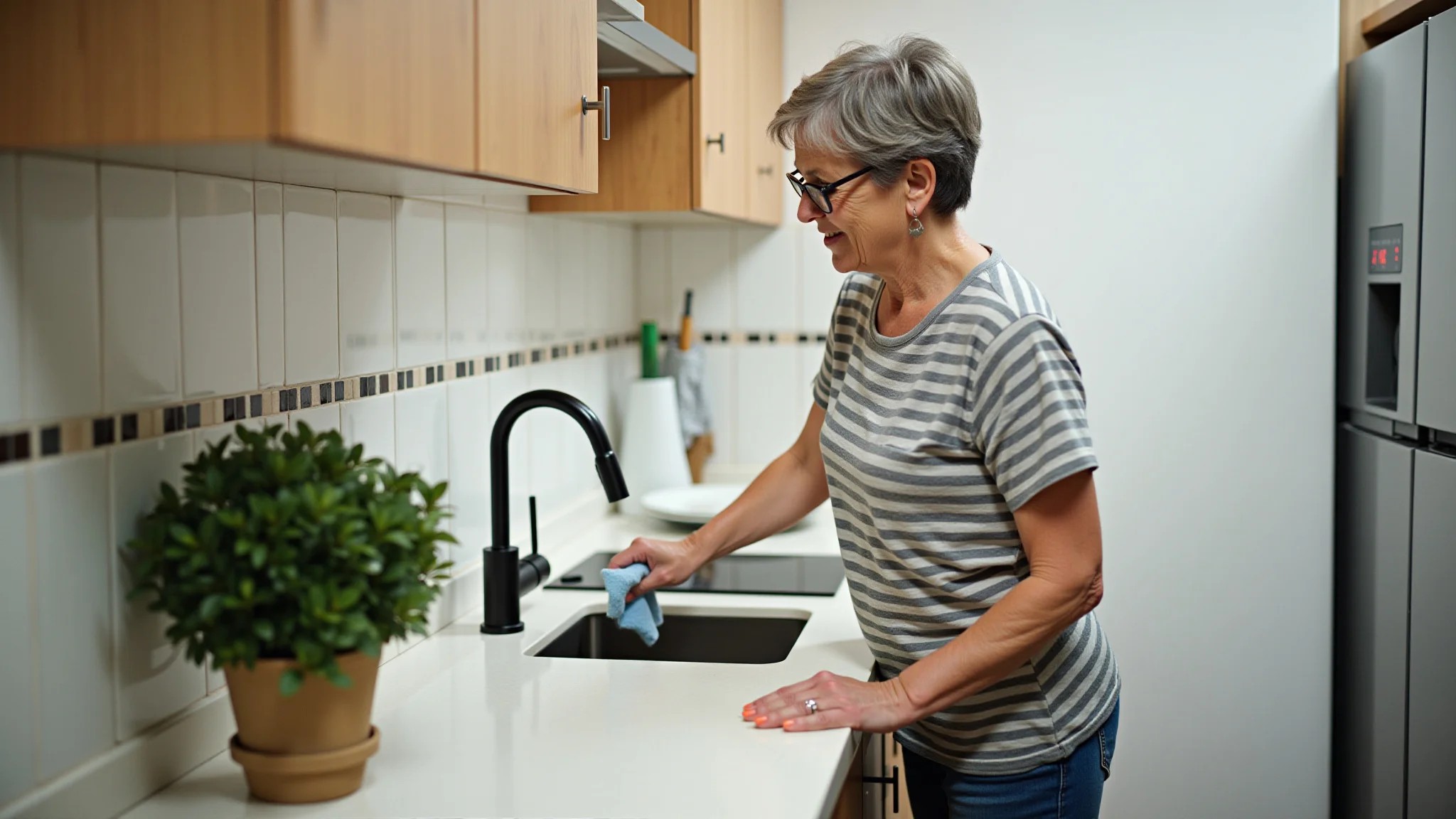 Mulher limpando uma torneira gourmet com um pano macio em cozinha brasileira.