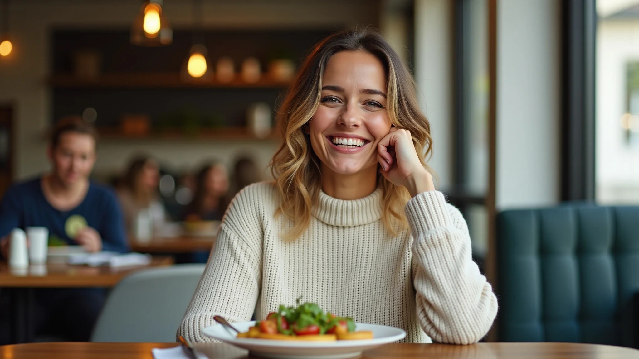 Mulher rindo em brunch, usando calças de alfaiataria e blusa de tricô.