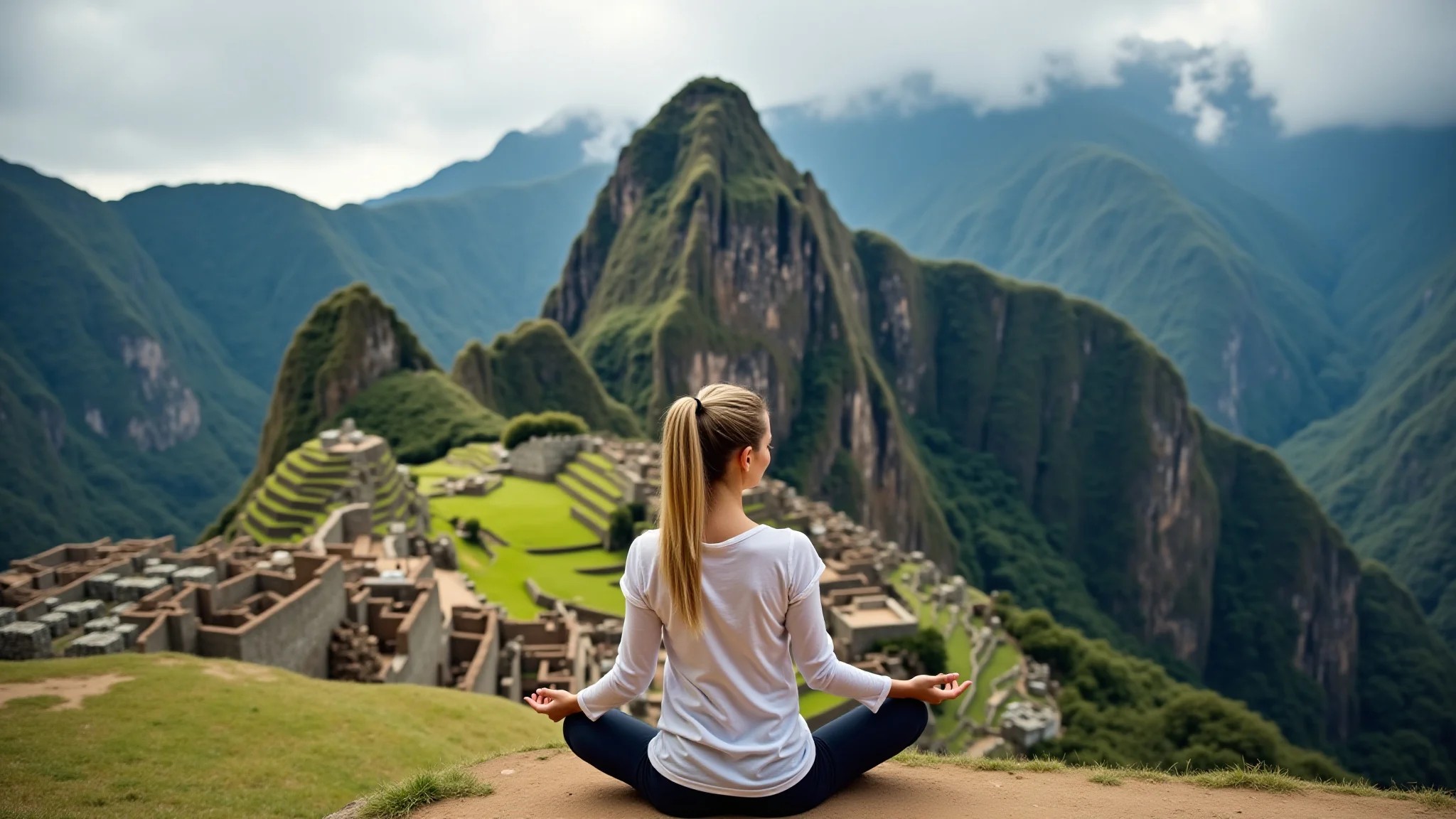 Mulher meditando nas ruínas de Machu Picchu, buscando autoconhecimento e paz interior.