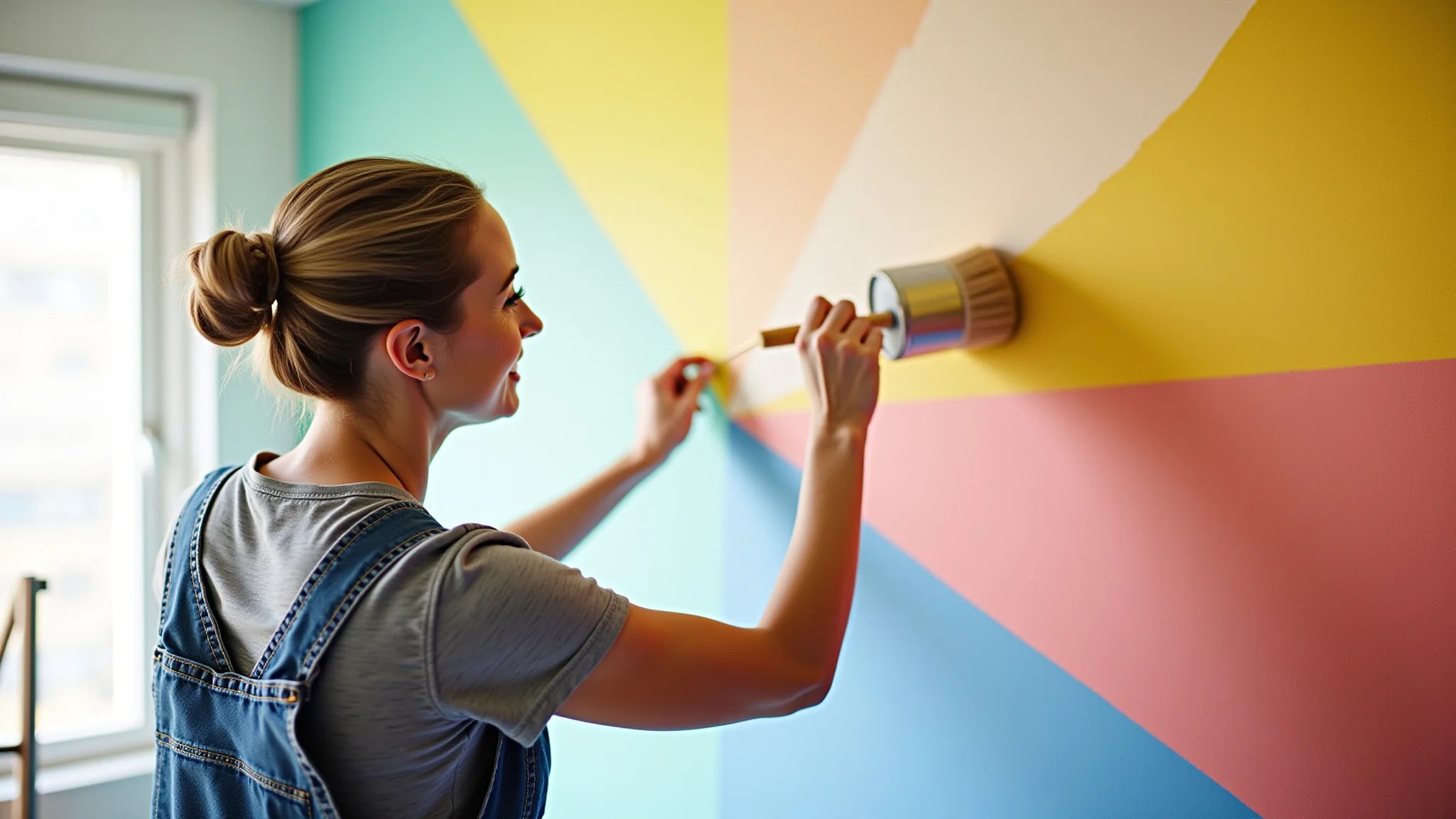 Mulher pintando parede com tinta acrílica, cores vibrantes.
