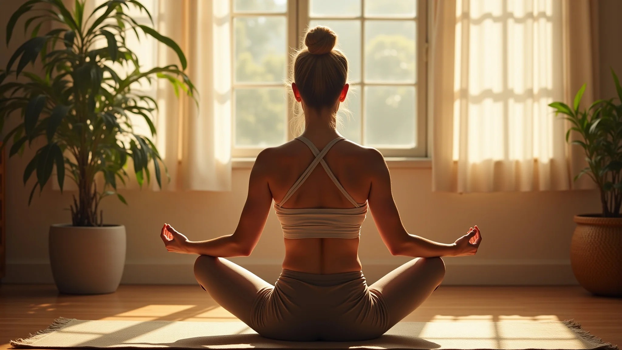 Mulher meditando em espaço sereno com Feng Shui, luz dourada suave e decoração brasileira.