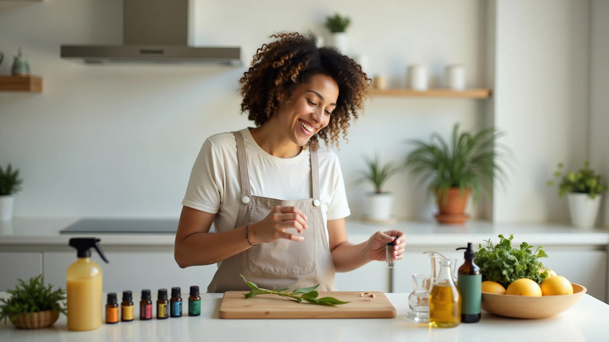 Mulher sorrindo enquanto faz aromatizador caseiro na cozinha brasileira.