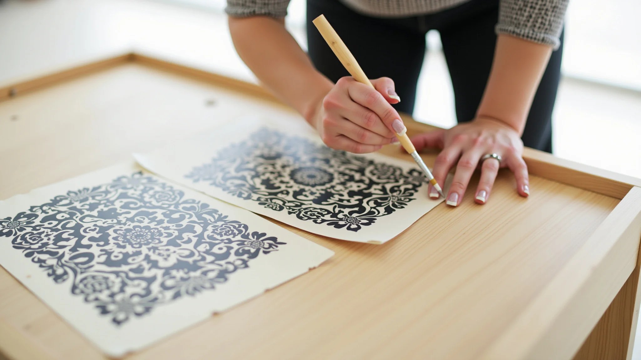 Mulher usando estêncil para criar padrões em móvel de MDF, projeto DIY.