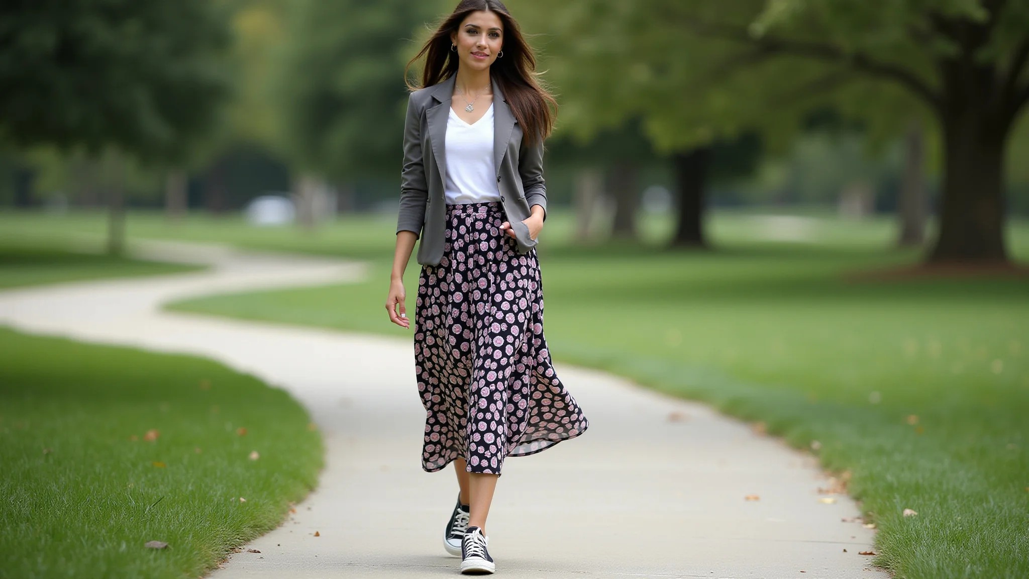 Mulher com saia longa estampada, blazer e tênis caminhando em um parque.